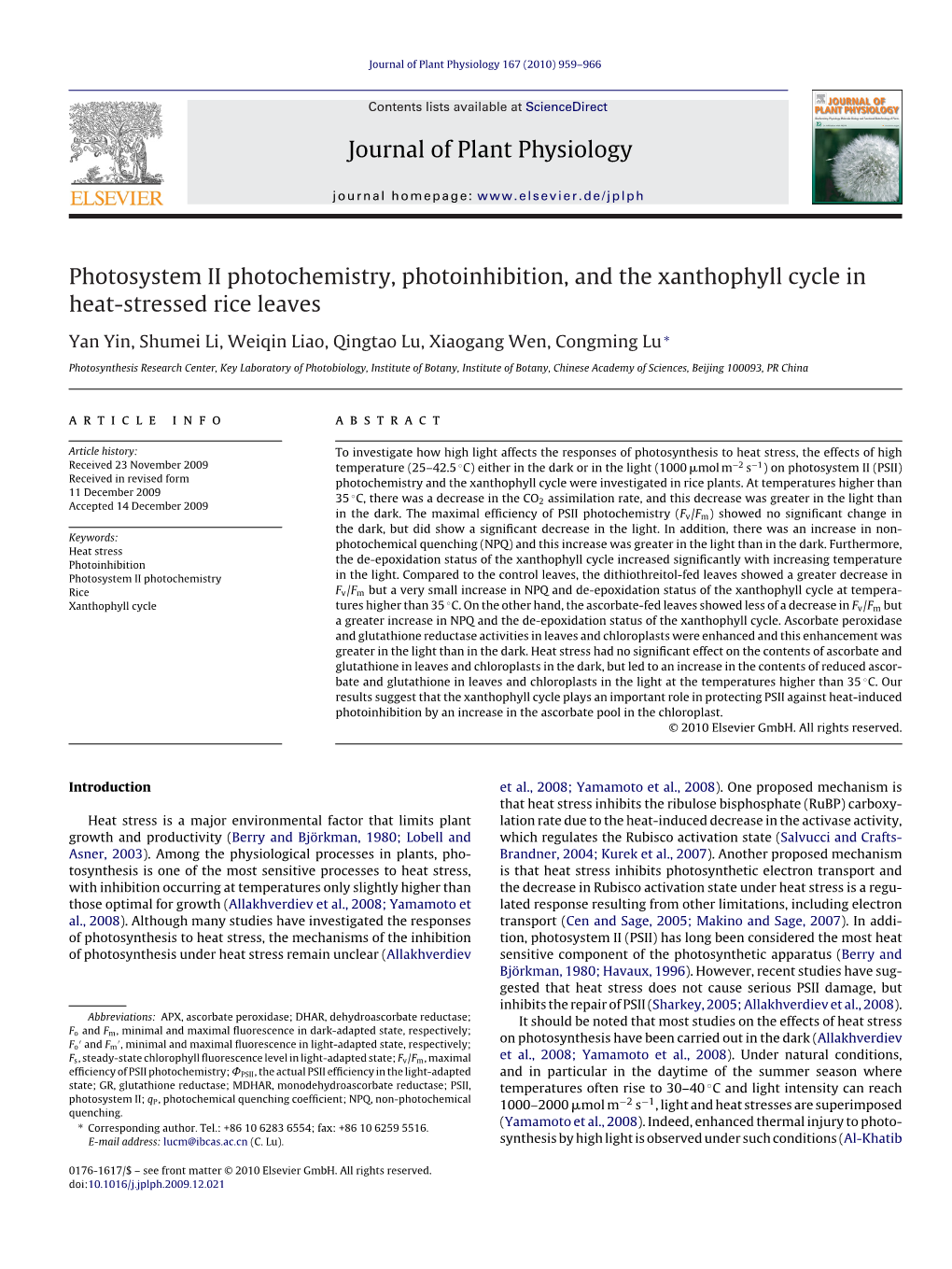 Journal of Plant Physiology 167 (2010) 959–966