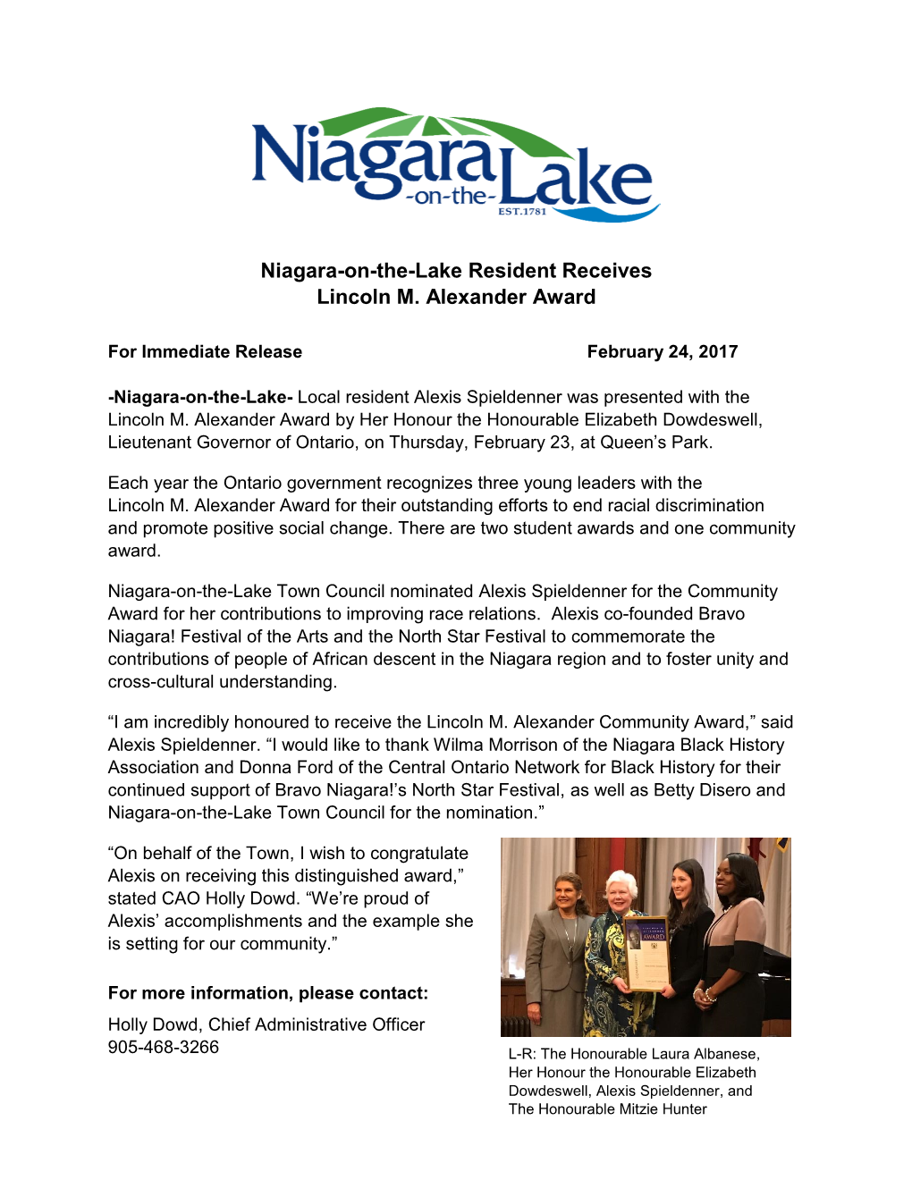 Niagara-On-The-Lake Resident Receives Lincoln M. Alexander Award