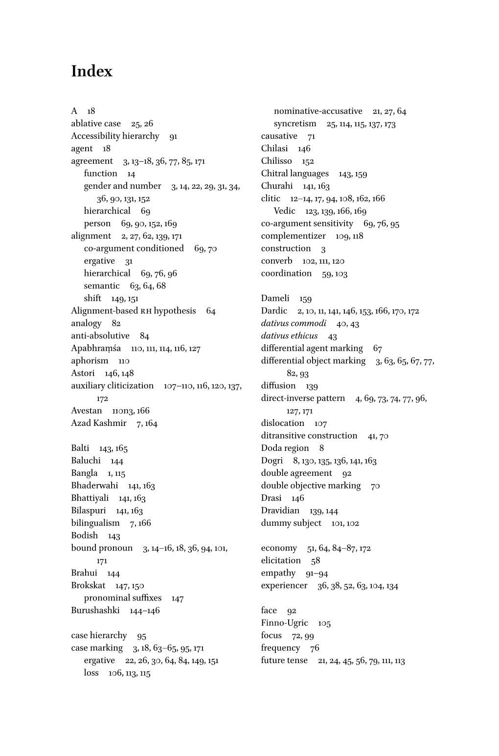 A 18 Ablative Case 25, 26 Accessibility Hierarchy 91 Agent 18 Agreement 3