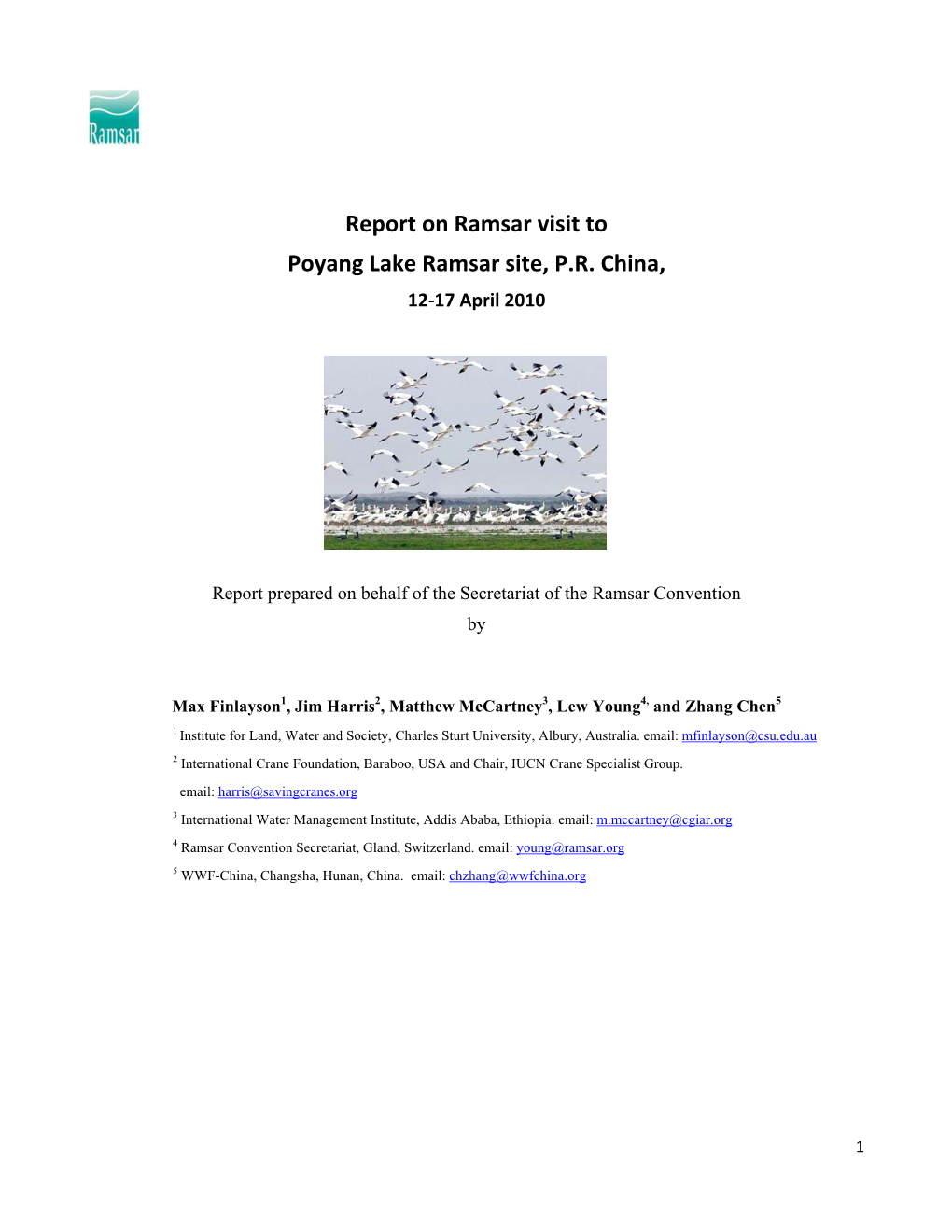 Report on Ramsar Visit to Poyang Lake Ramsar Site, P.R. China, 12‐17 April 2010