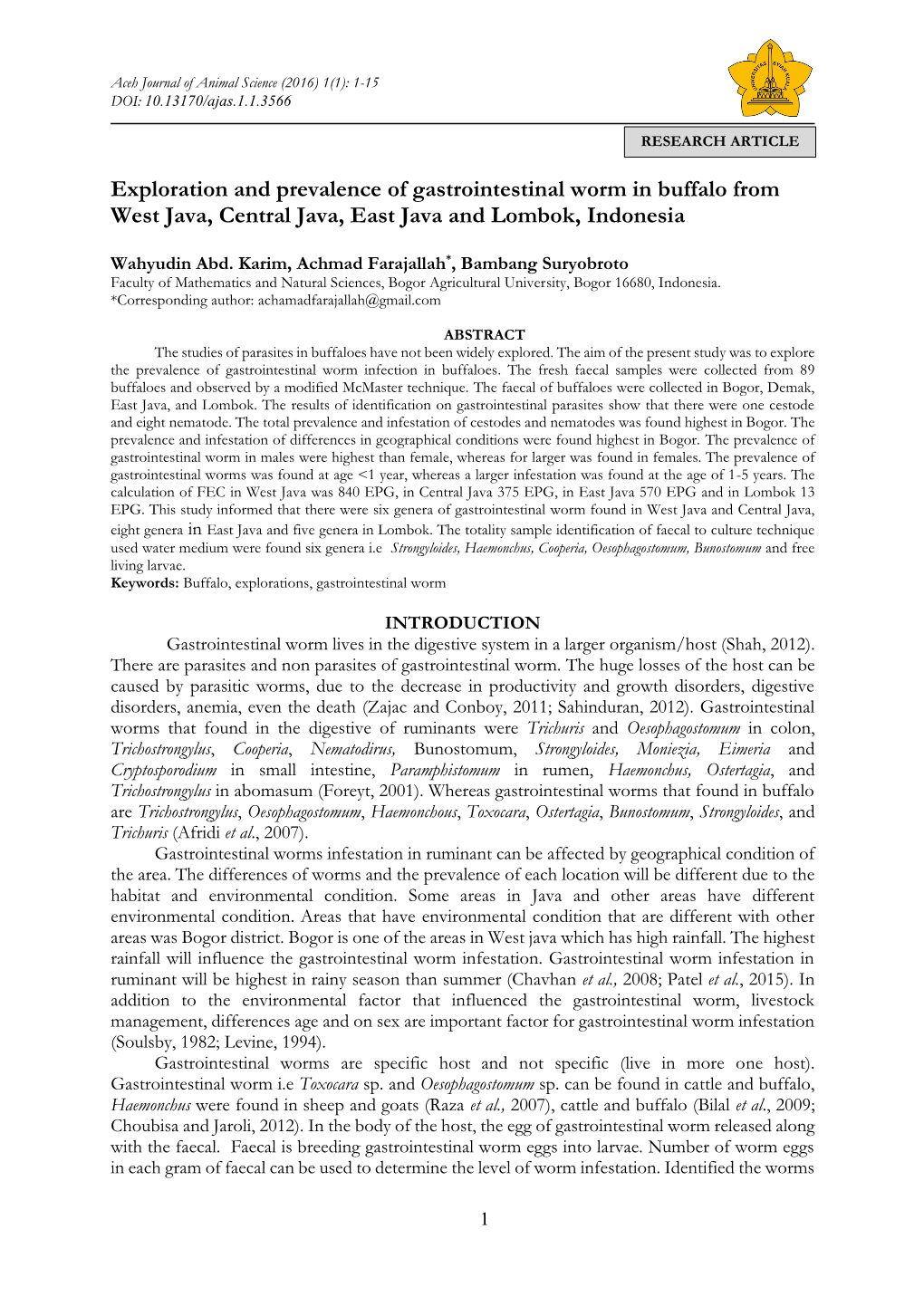 Exploration and Prevalence of Gastrointestinal Worm in Buffalo from West Java, Central Java, East Java and Lombok, Indonesia