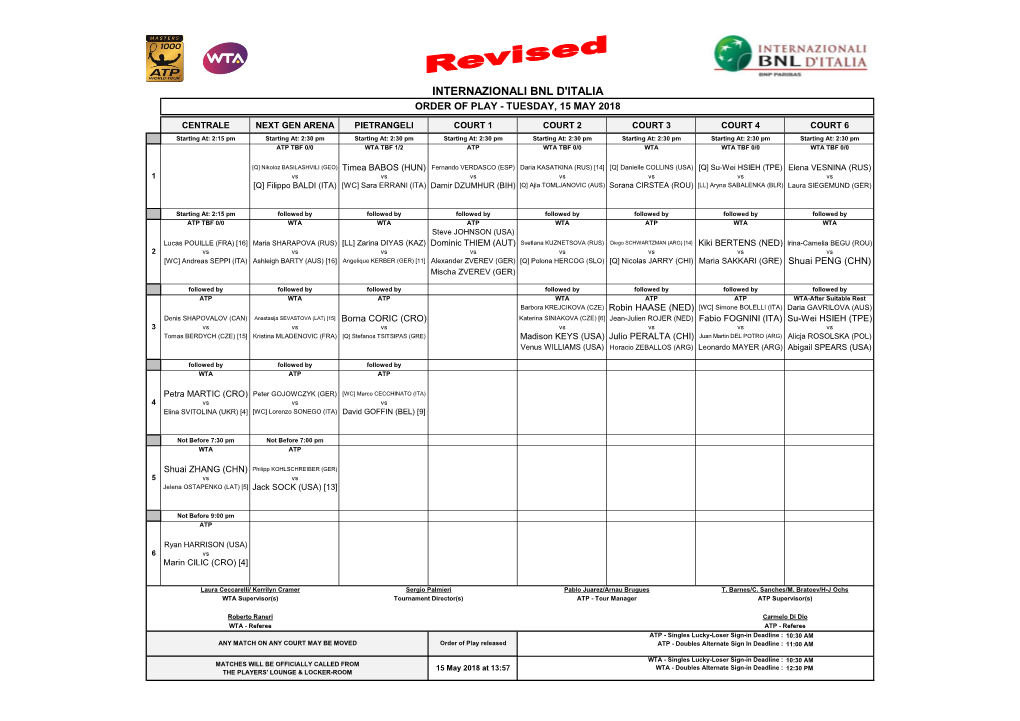 Internazionali Bnl D'italia Order of Play - Tuesday, 15 May 2018