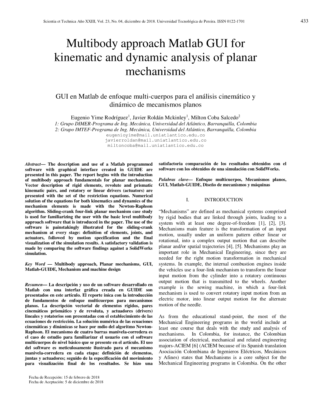 Multibody Approach Matlab GUI for Kinematic and Dynamic Analysis of Planar Mechanisms