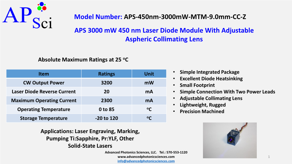 APS 3000 Mw 450 Nm Laser Diode Module with Adjustable Aspheric Collimating Lens