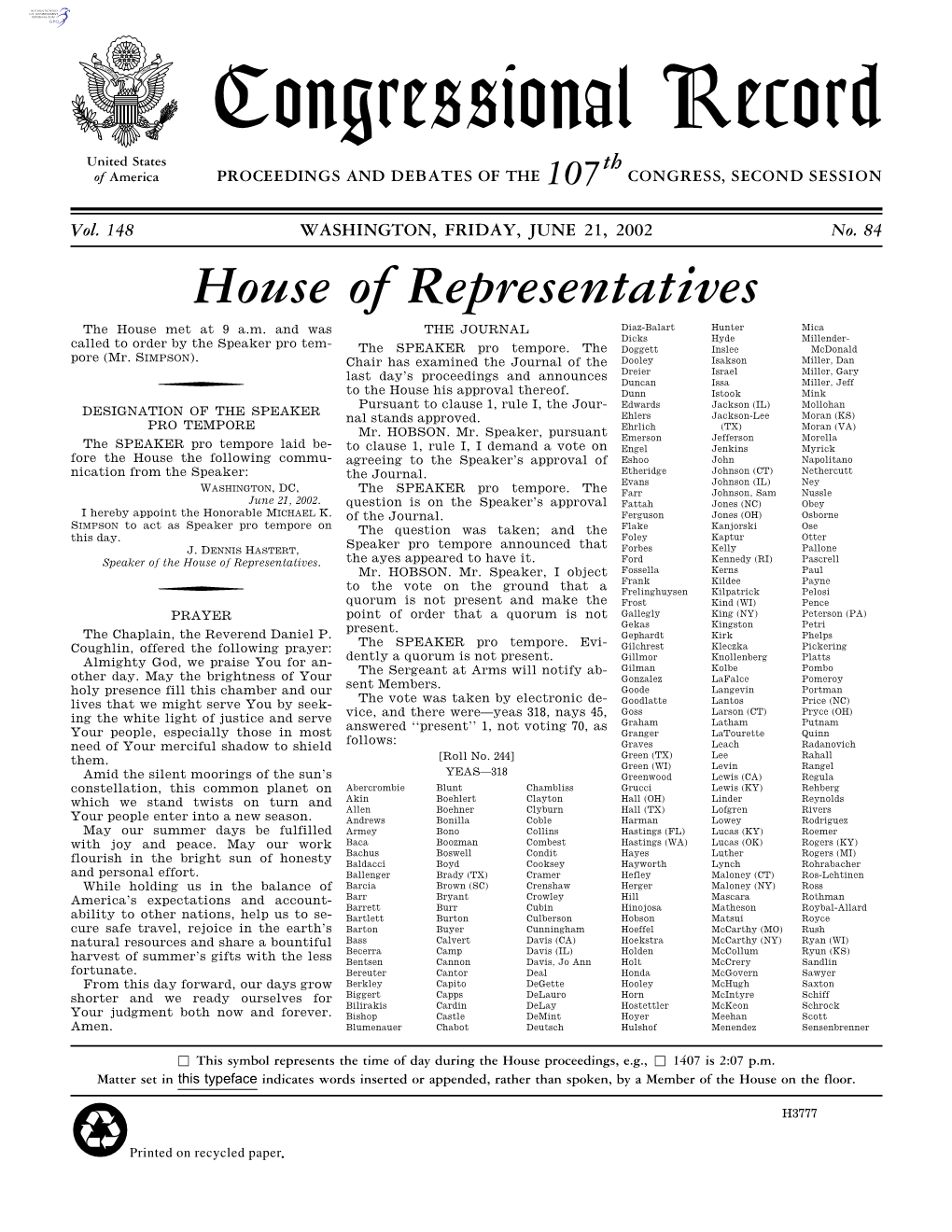 Congressional Record United States Th of America PROCEEDINGS and DEBATES of the 107 CONGRESS, SECOND SESSION