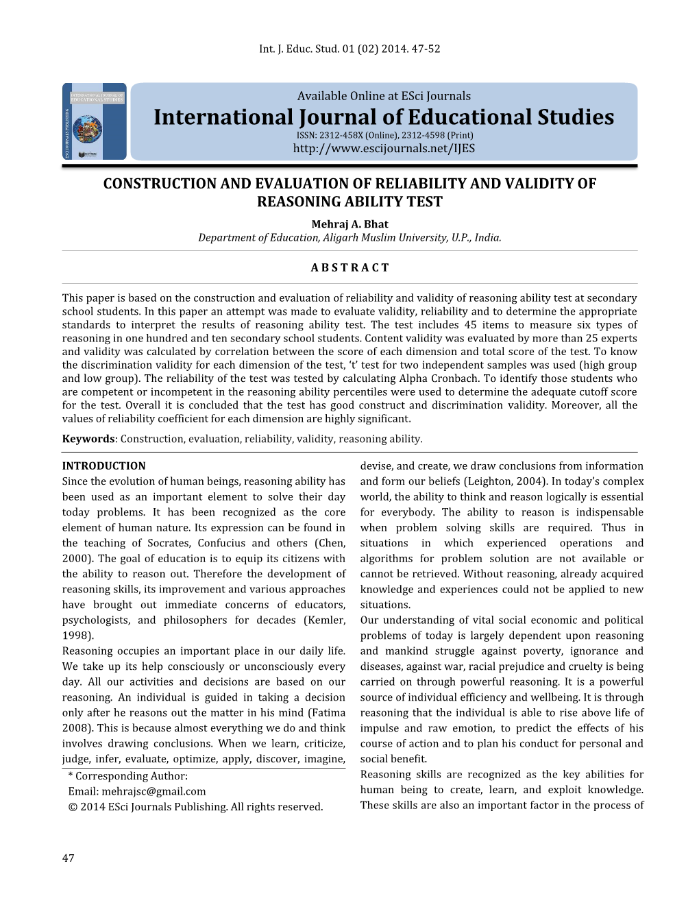 CONSTRUCTION and EVALUATION of RELIABILITY and VALIDITY of REASONING ABILITY TEST Mehraj A