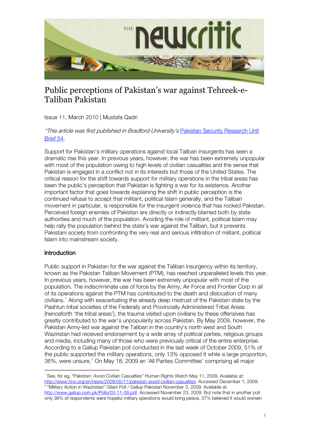 Public Perceptions of Pakistan's War Against Tehreek-E- Taliban Pakistan