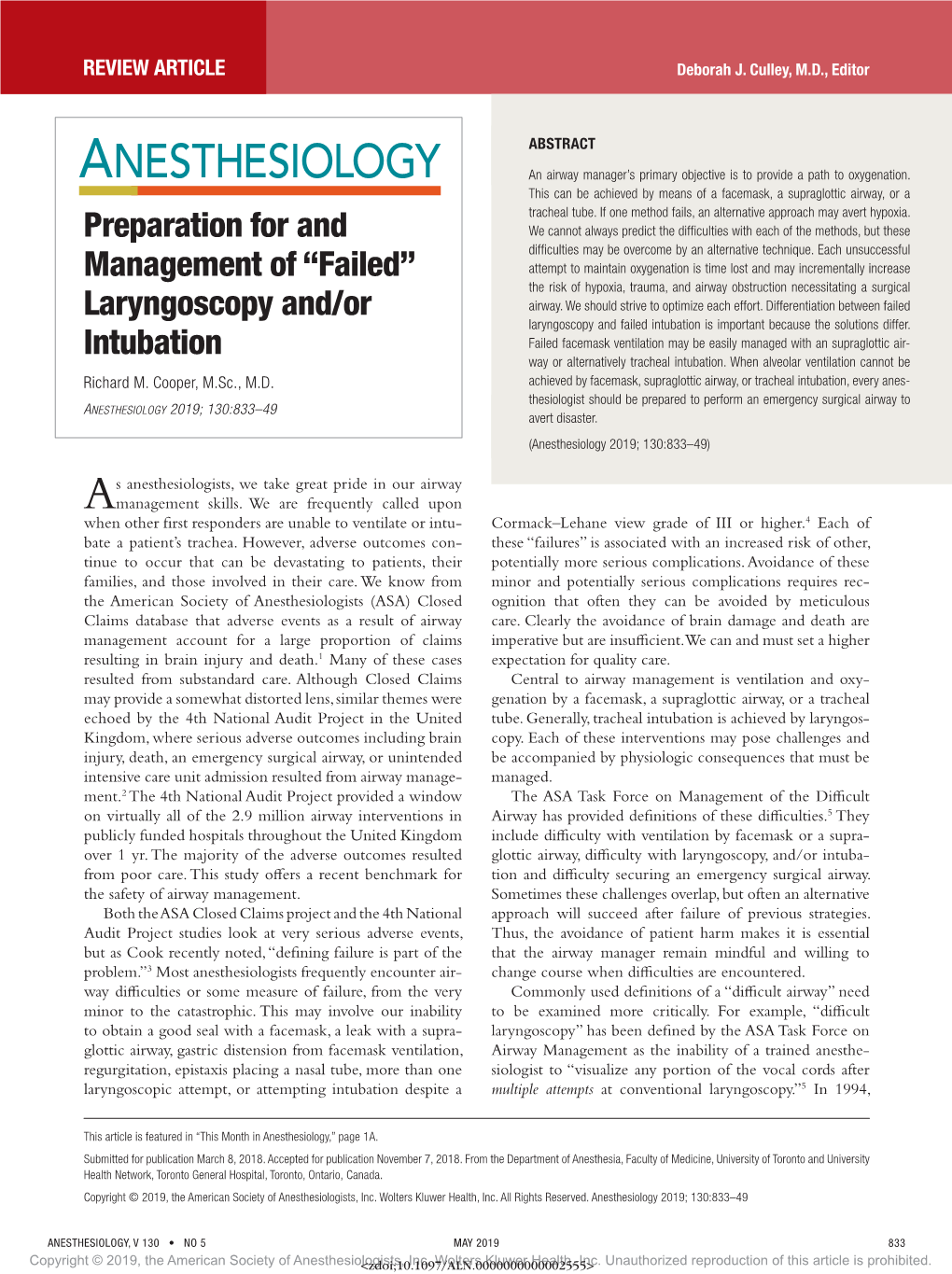 Preparation for and Management of “Failed” Laryngoscopy And/Or Intubation