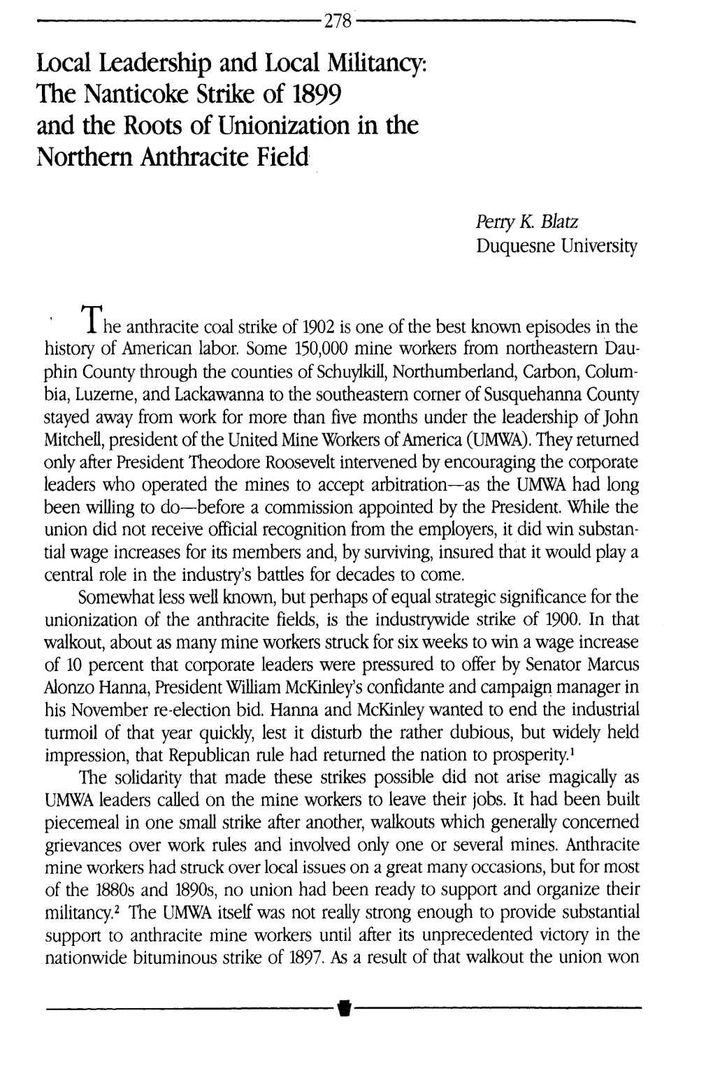 The Nanticoke Strike of 1899 and the Roots of Unionization in the Northern Anthracite Field