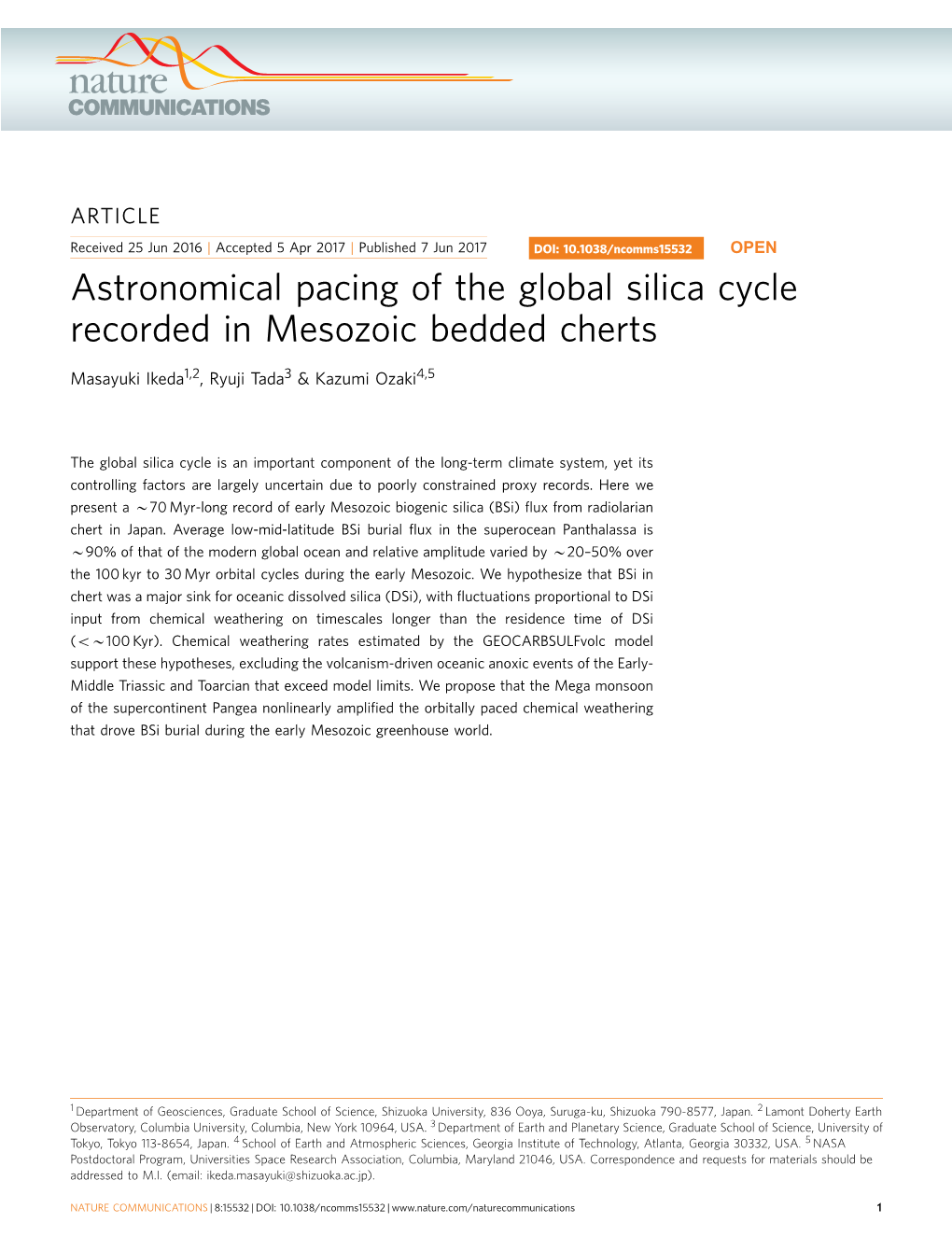 Astronomical Pacing of the Global Silica Cycle Recorded in Mesozoic Bedded Cherts