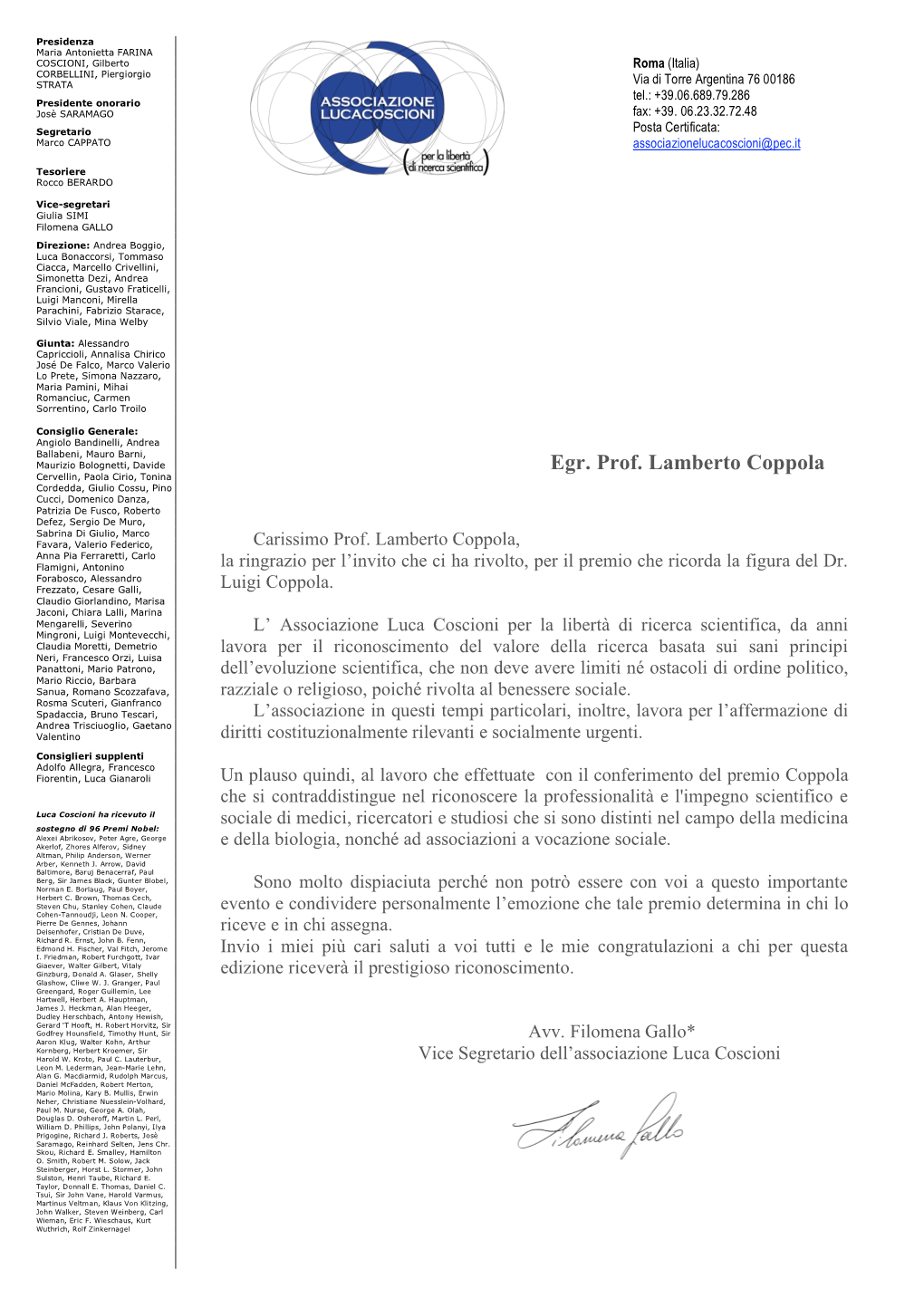 Lettera Premio Coppola