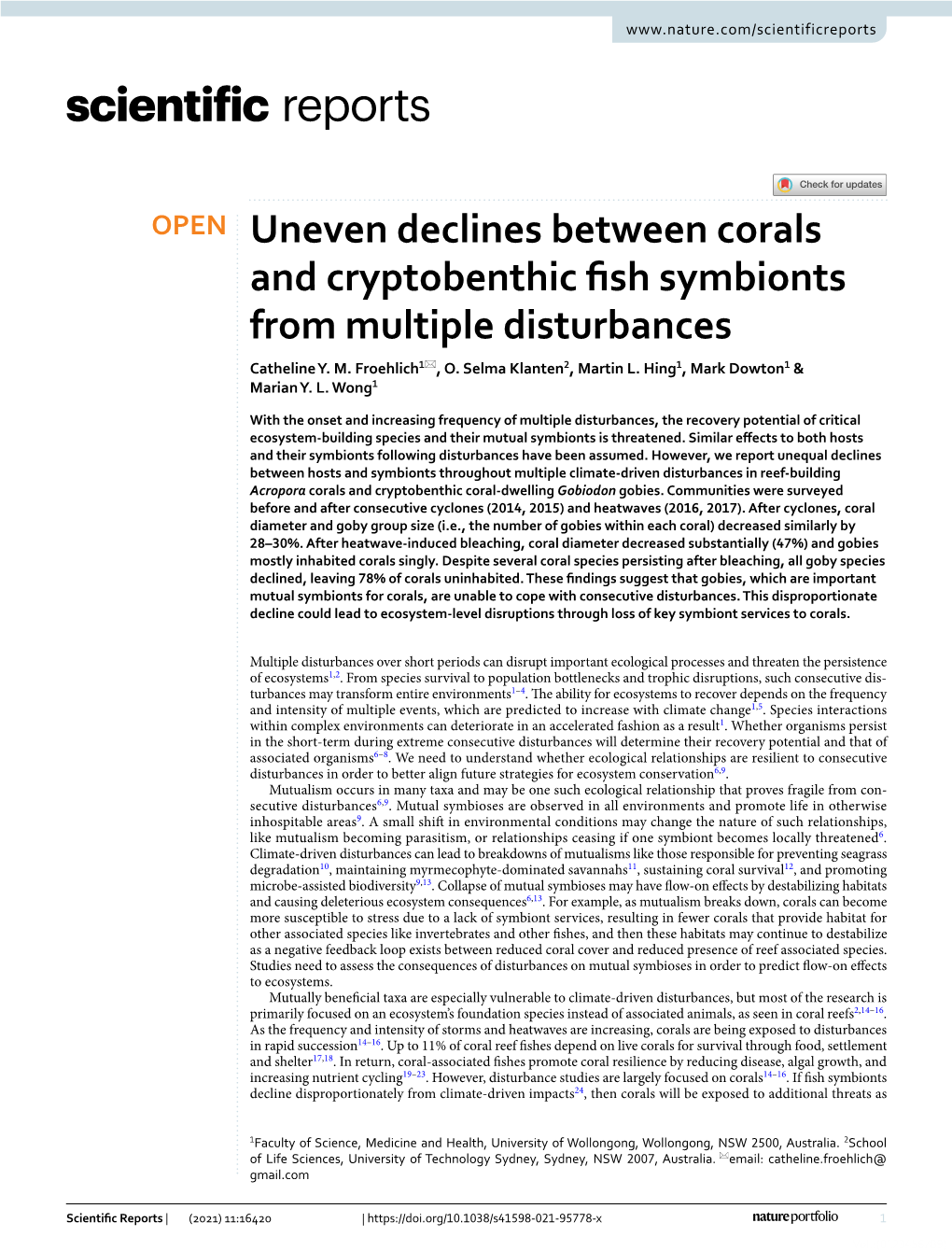Uneven Declines Between Corals and Cryptobenthic Fish Symbionts from Multiple Disturbances