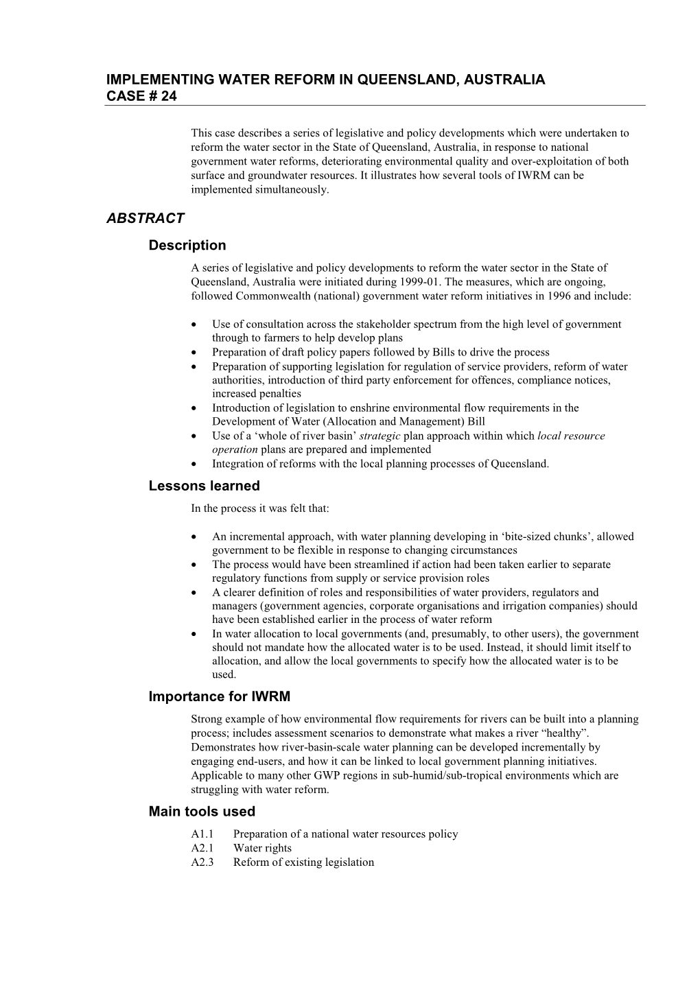 Implementing Water Reform in Queensland, Australia Case # 24