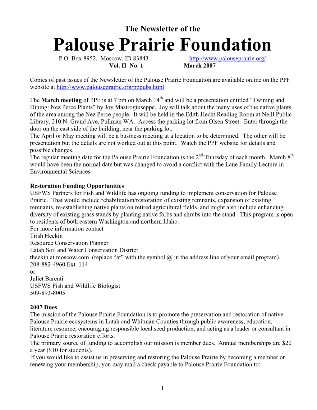 The Newsletter of the Palouse Prairie Foundation P.O