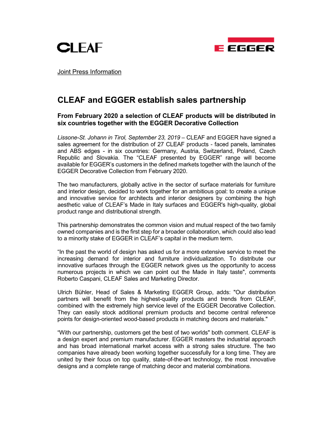 CLEAF and EGGER Establish Sales Partnership