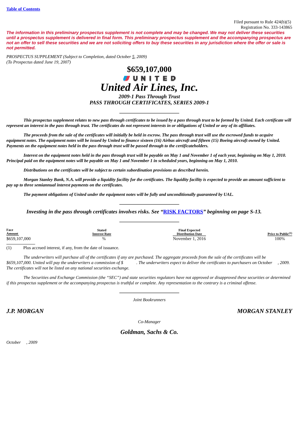 United Air Lines, Inc. 2009-1 Pass Through Trust PASS THROUGH CERTIFICATES, SERIES 2009-1