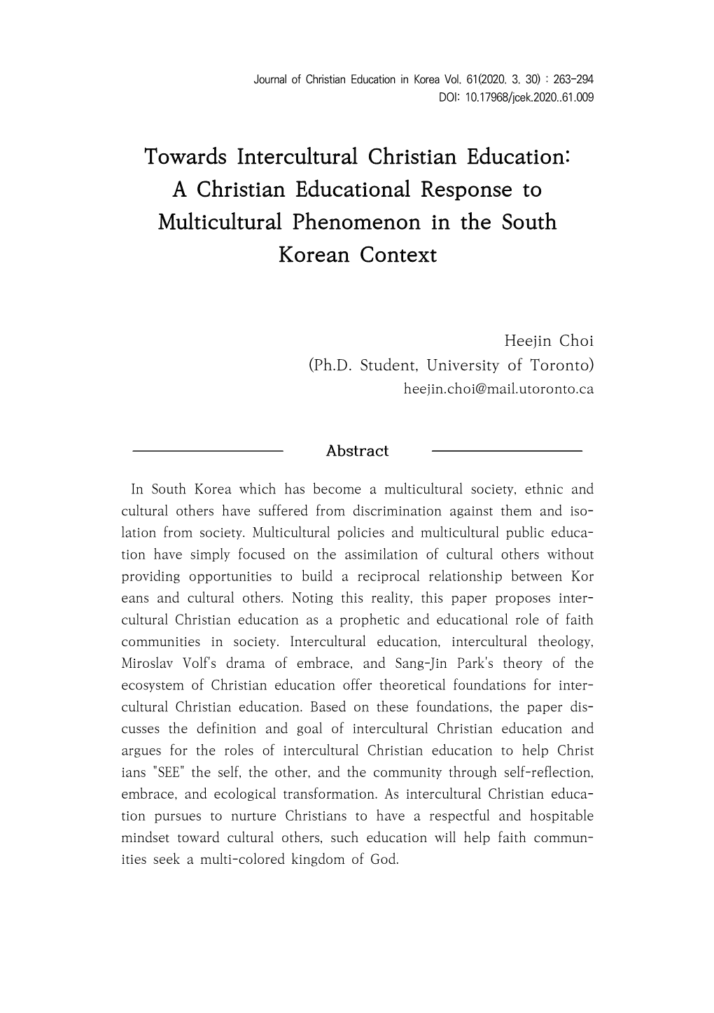 A Christian Educational Response to Multicultural Phenomenon in the South Korean Context