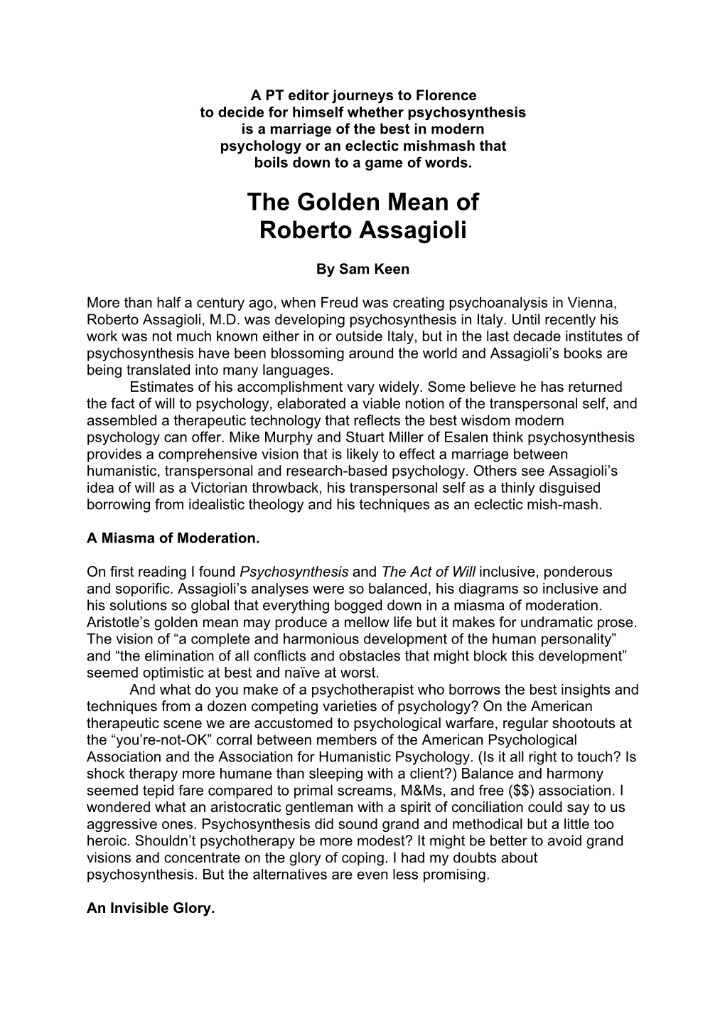 The Golden Mean of Roberto Assagioli – Sam Keen
