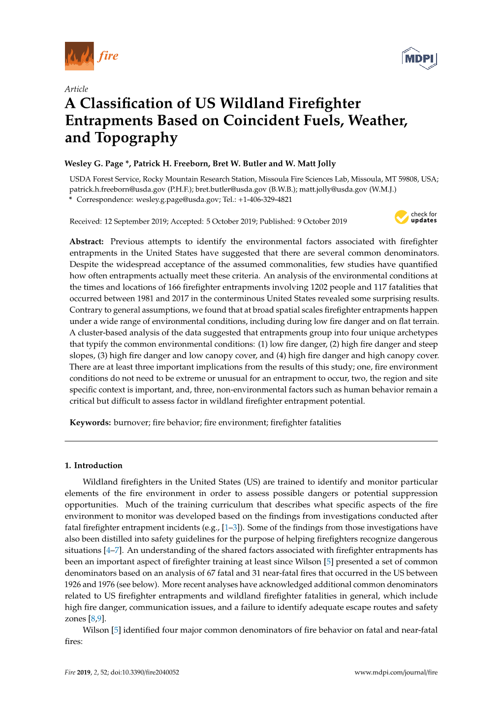 A Classification of US Wildland Firefighter Entrapments Based On