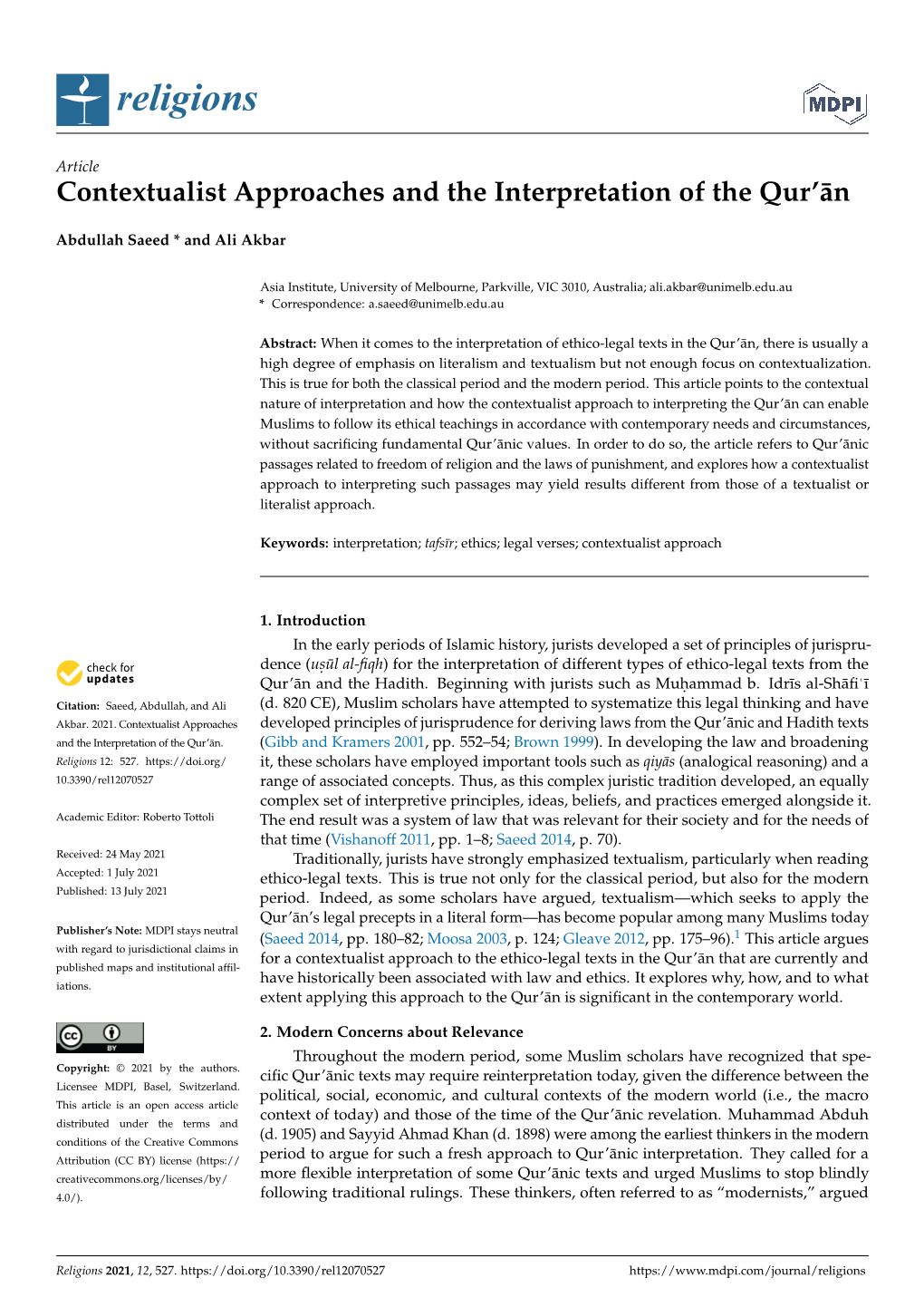 Contextualist Approaches and the Interpretation of the Qur'ān