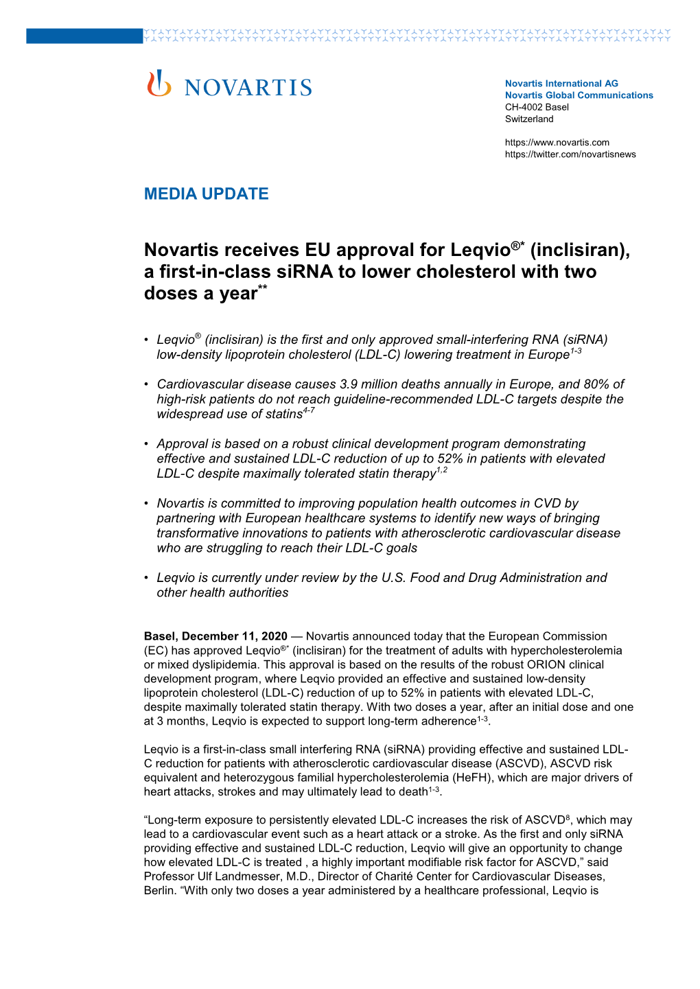 Novartis Receives EU Approval for Leqvio®* (Inclisiran), a First-In-Class Sirna to Lower Cholesterol with Two Doses a Year**