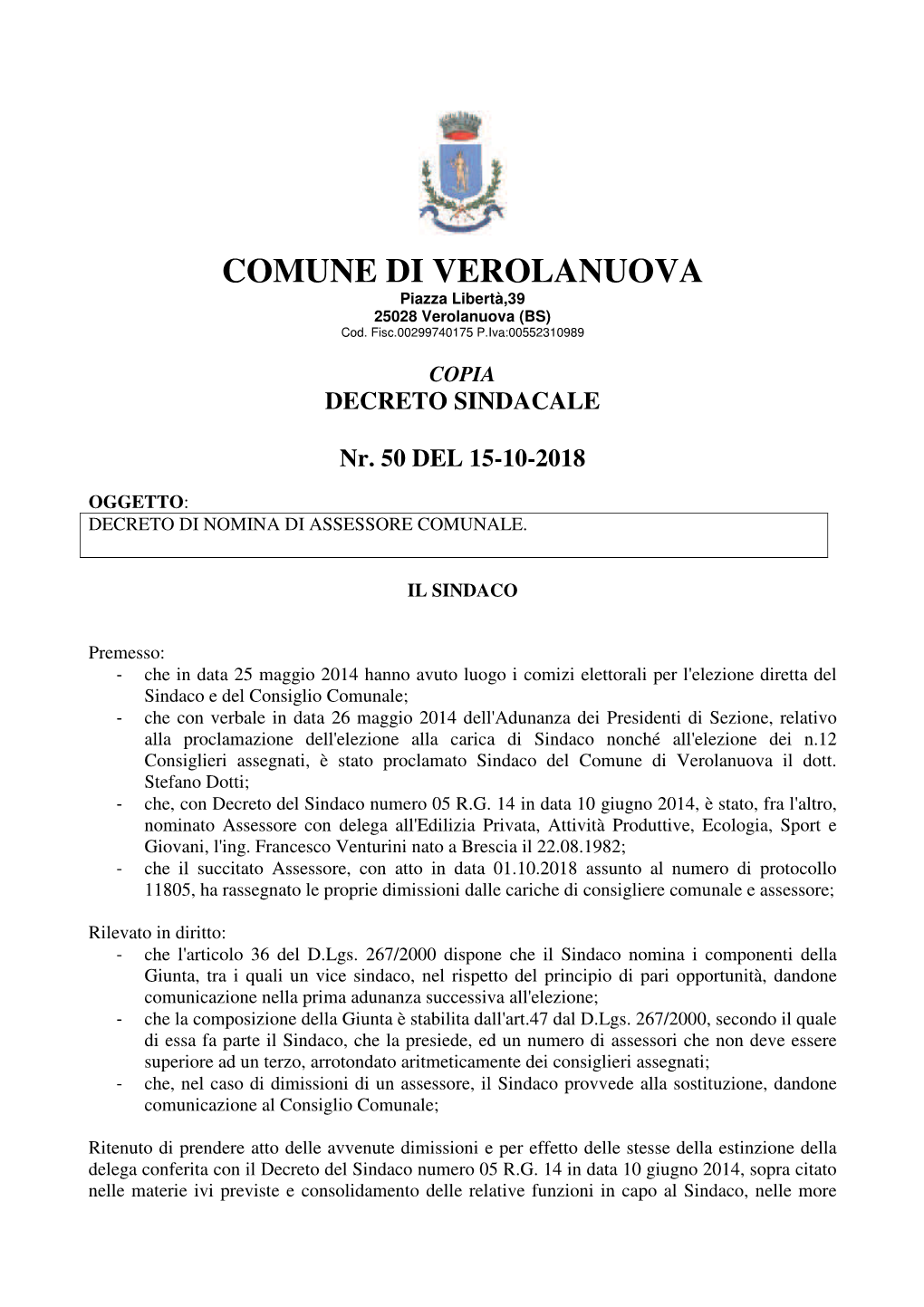 Decreto N. 50 Del 15.10.2018