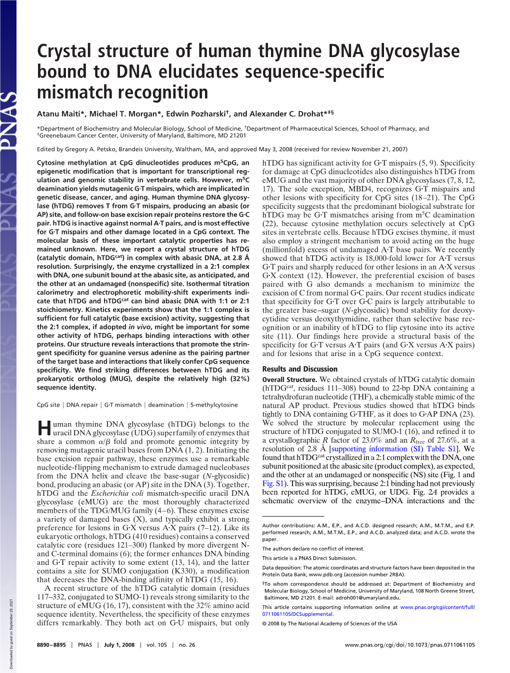 Crystal Structure of Human Thymine DNA Glycosylase Bound to DNA Elucidates Sequence-Specific Mismatch Recognition