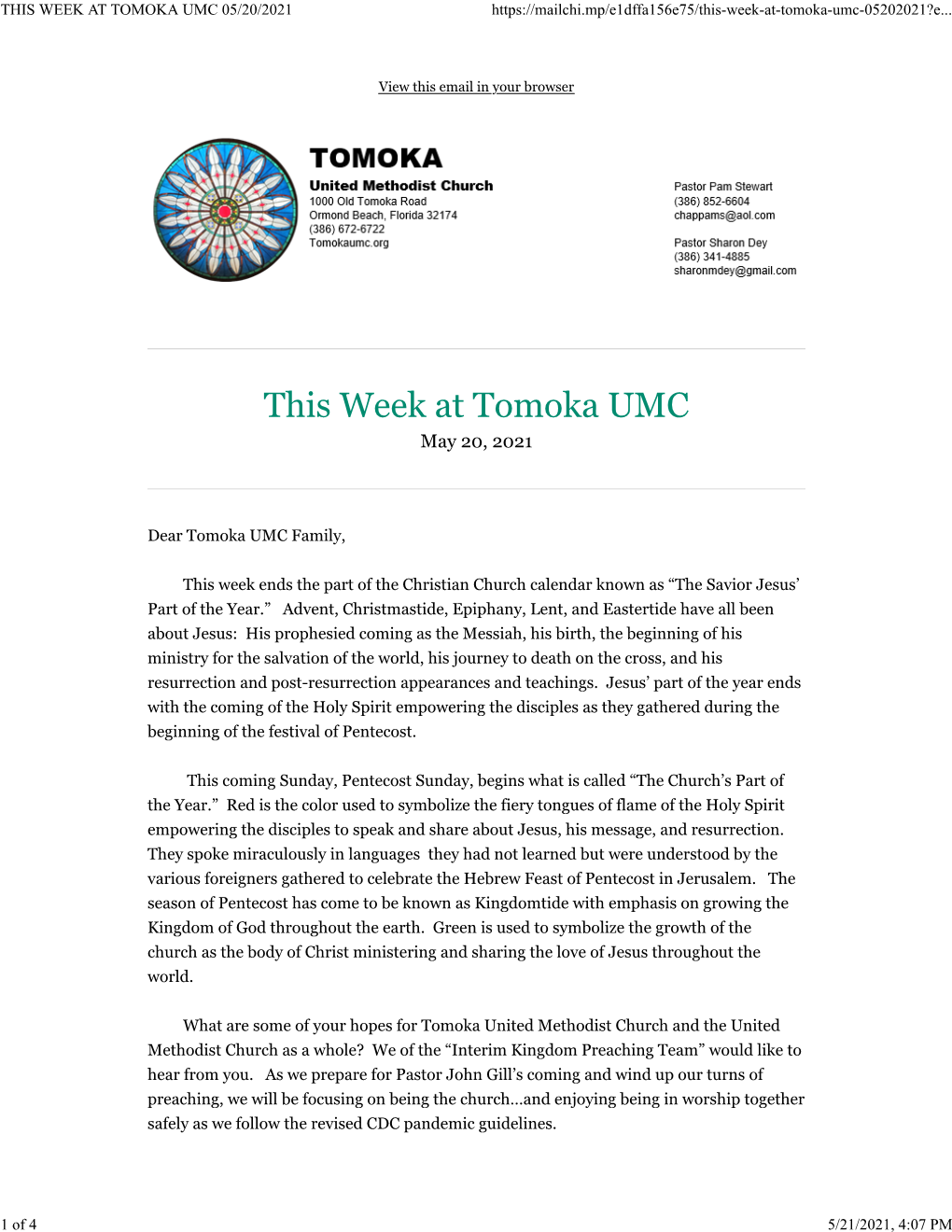 This Week at Tomoka Umc 05/20/2021