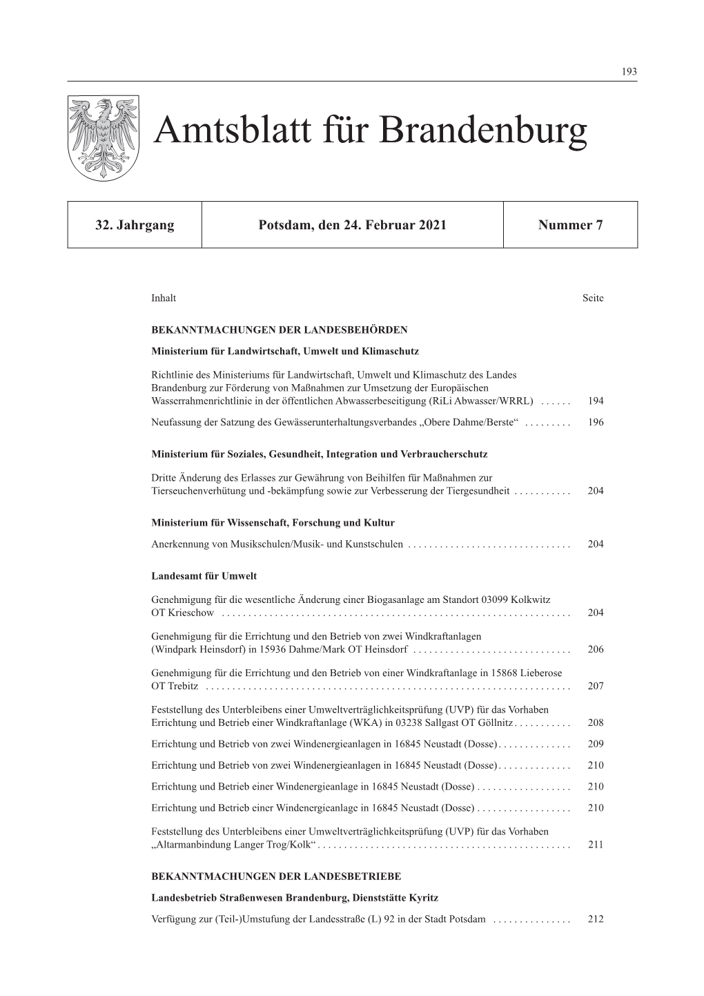 Amtsblatt Für Brandenburg, 2021, Nummer 7