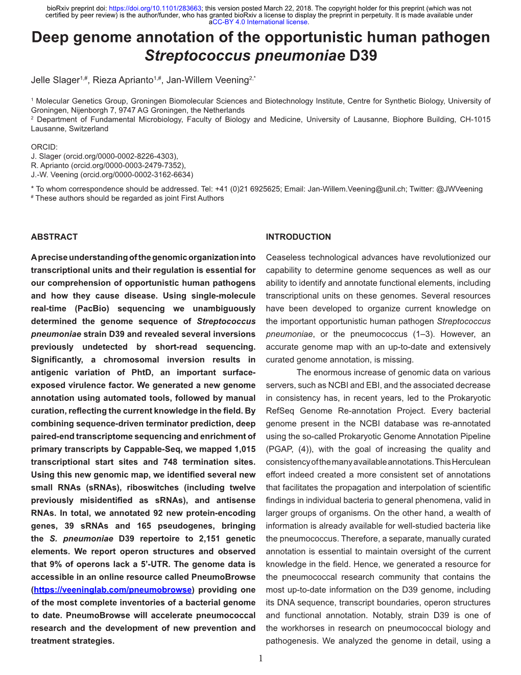 Deep Genome Annotation of the Opportunistic Human Pathogen Streptococcus Pneumoniae D39