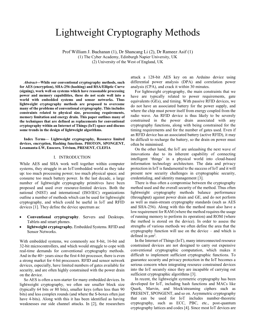 Lightweight Cryptography Methods