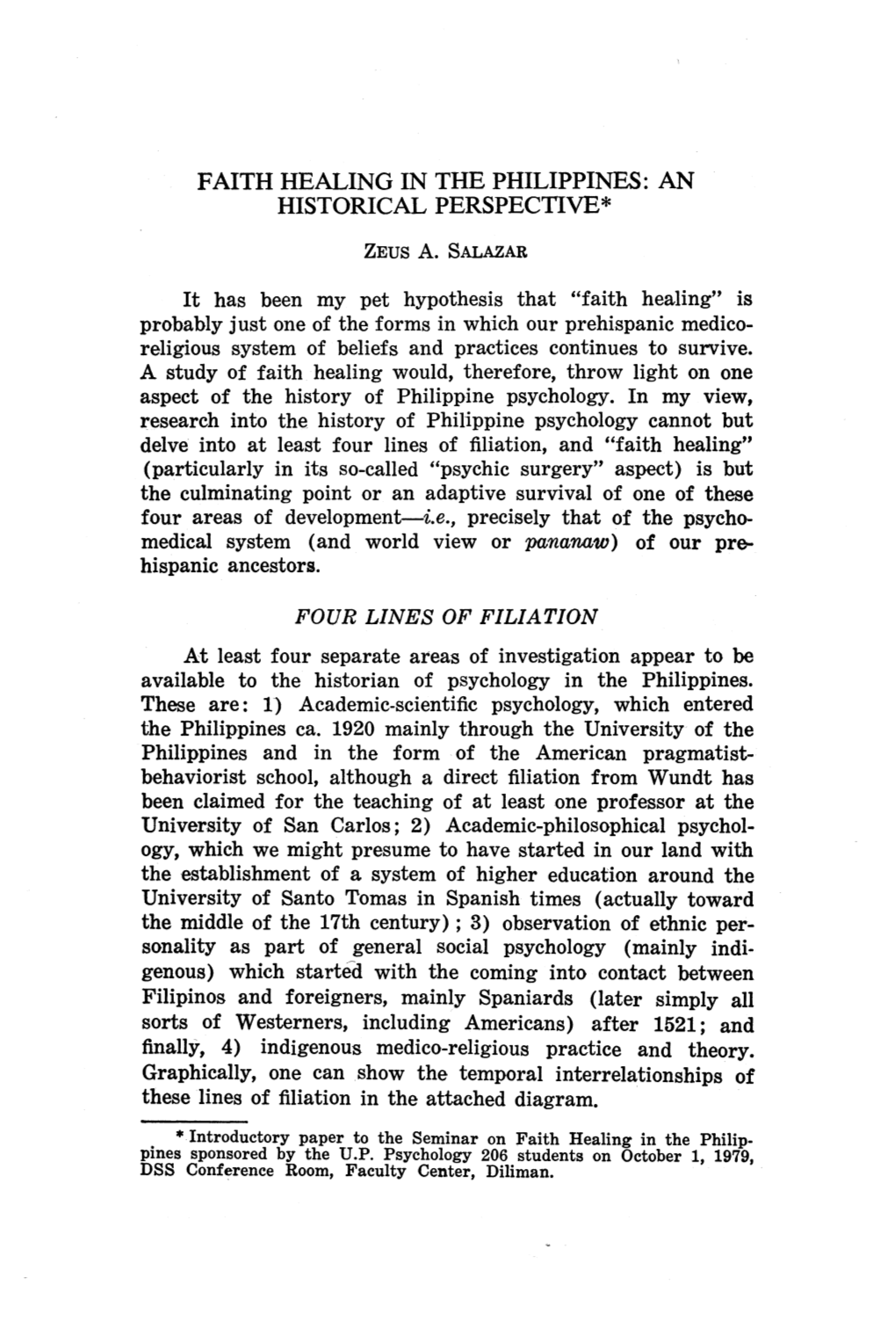 Faith Healing in the Philippines: an Historical Perspective*