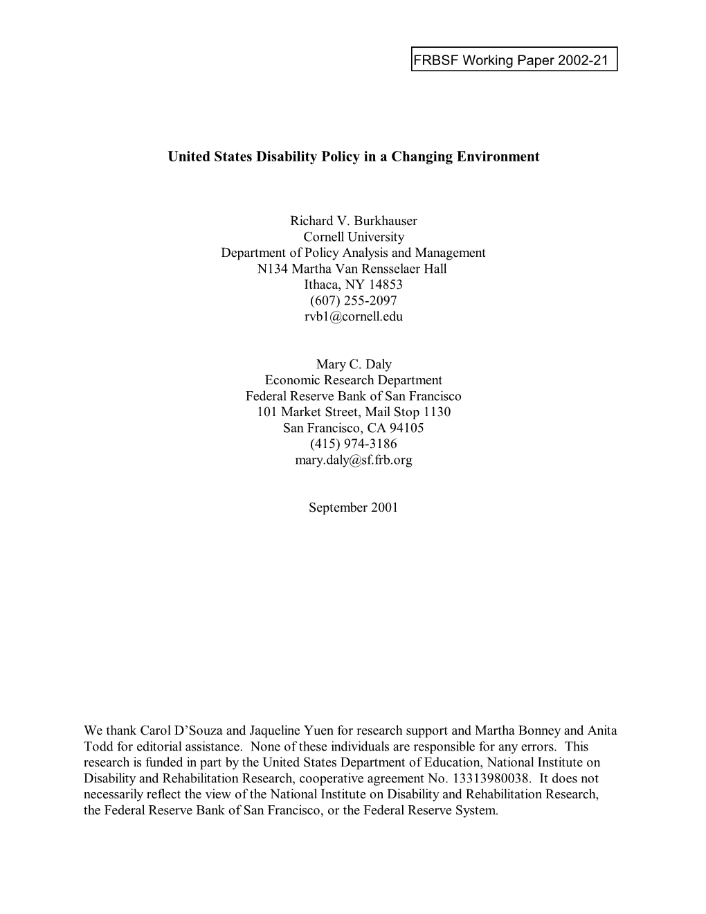 United States Disability Policy in a Changing Environment