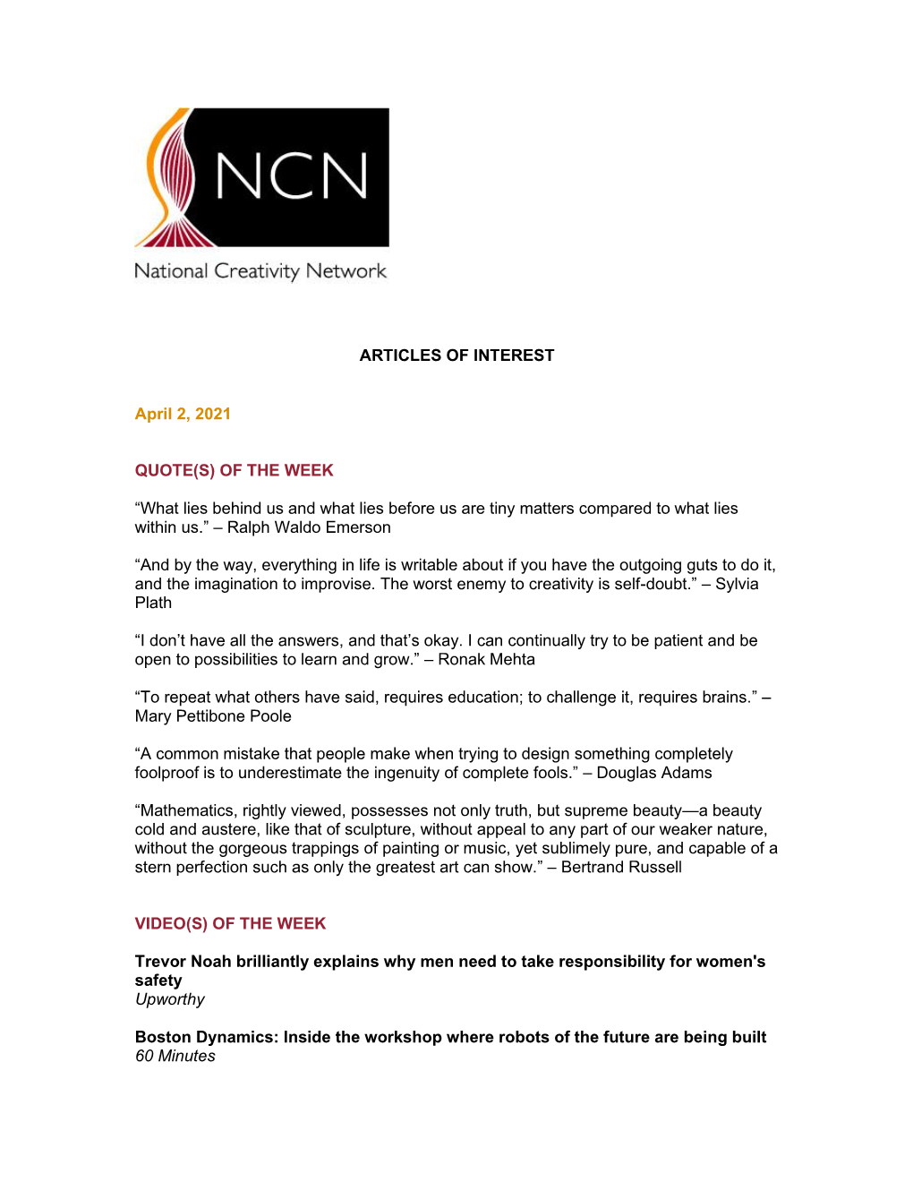 NCN Articles of Interest | April 2, 2021
