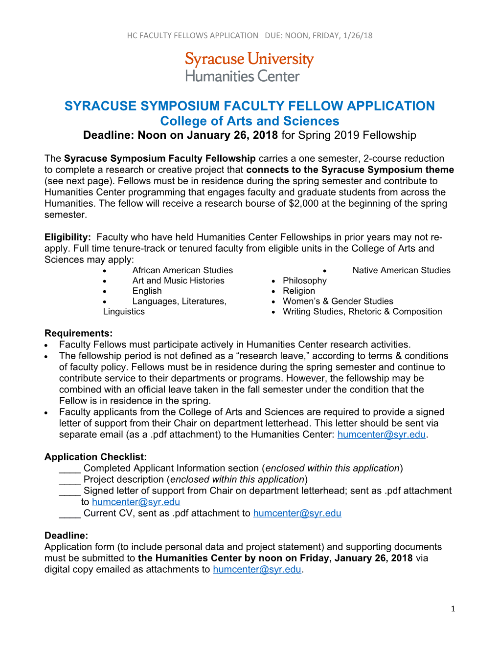 Syracuse Symposium Faculty Fellow Application