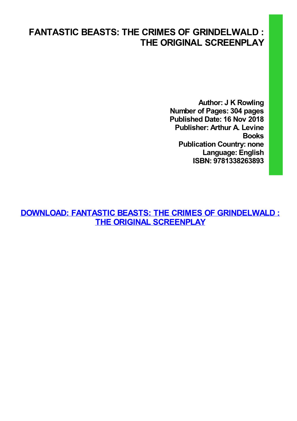 Fantastic Beasts: the Crimes of Grindelwald : the Original Screenplay