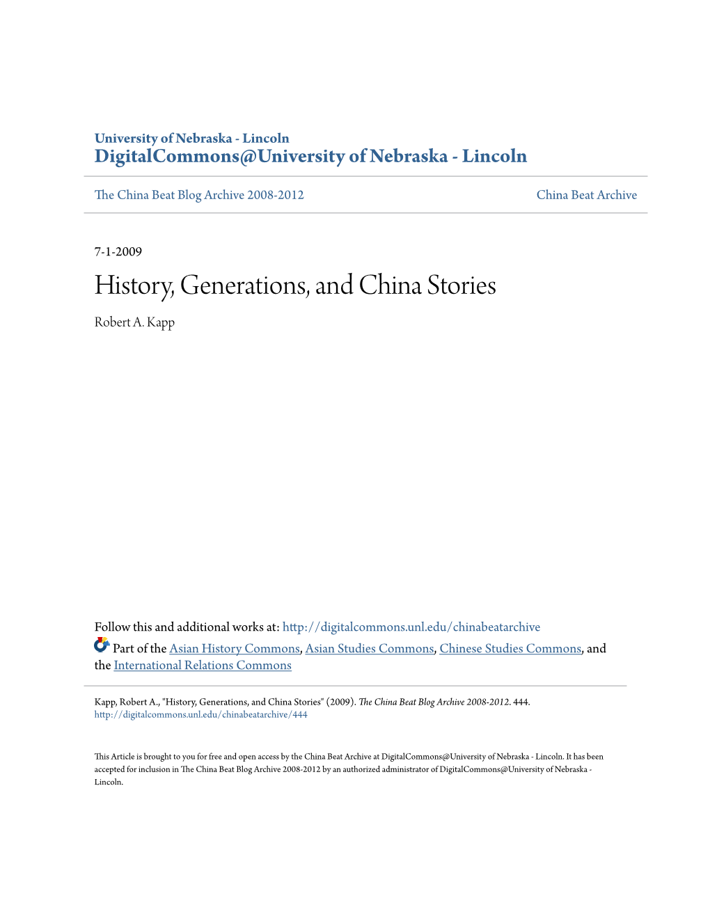 History, Generations, and China Stories Robert A