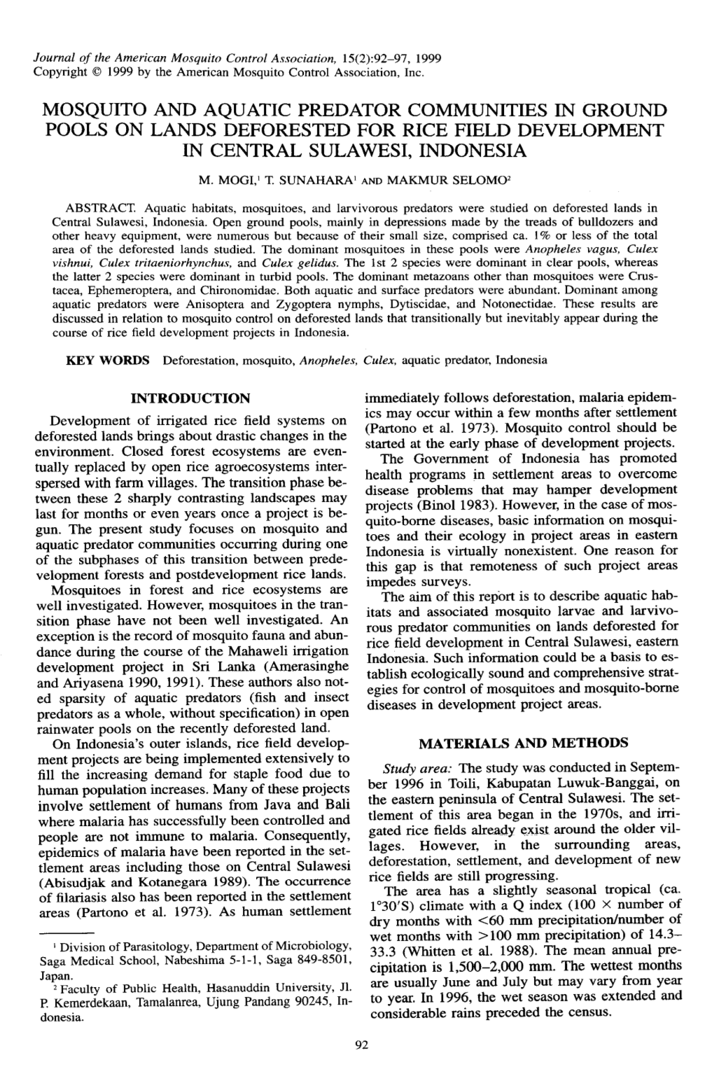 Mosquito and Aquatic Predator Communities in Ground Pools on Lands Deforested for Rice Field Development in Central Sulawesi. Indonesia