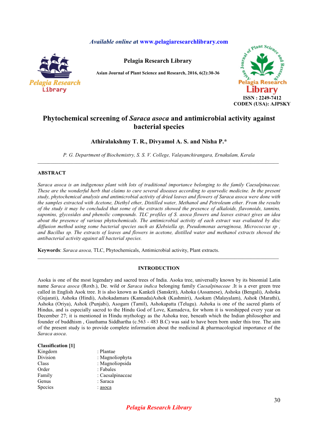 Phytochemical Screening of Saraca Asoca and Antimicrobial Activity Against Bacterial Species