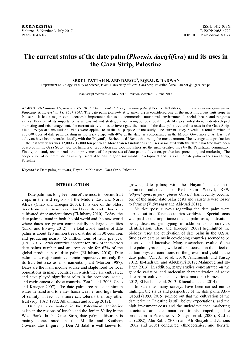 (Phoenix Dactylifera) and Its Uses in the Gaza Strip, Palestine