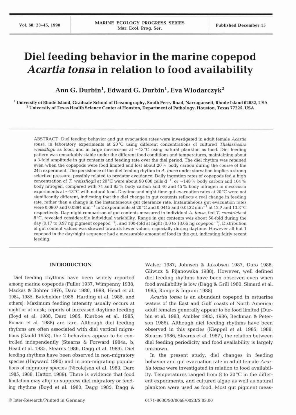 Diel Feeding Behavior in the Marine Copepod Acartia Tonsa in Relation to Food Availability