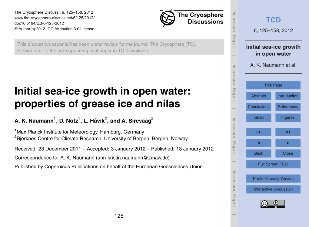 Initial Sea-Ice Growth in Open Water: Abstract Introduction Properties of Grease Ice and Nilas Conclusions References