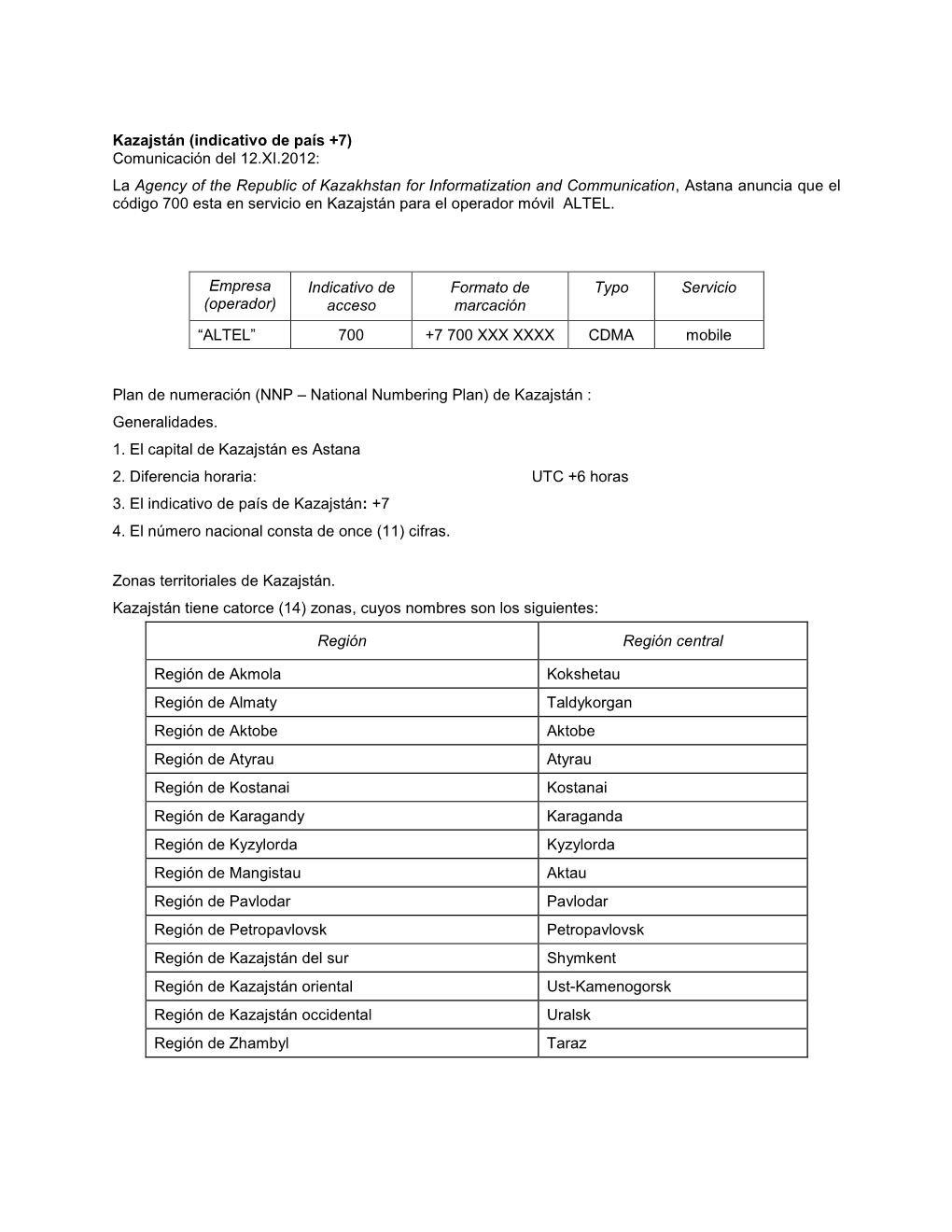 Kazajstán (Indicativo De País +7) Comunicación Del 12.XI.2012: La