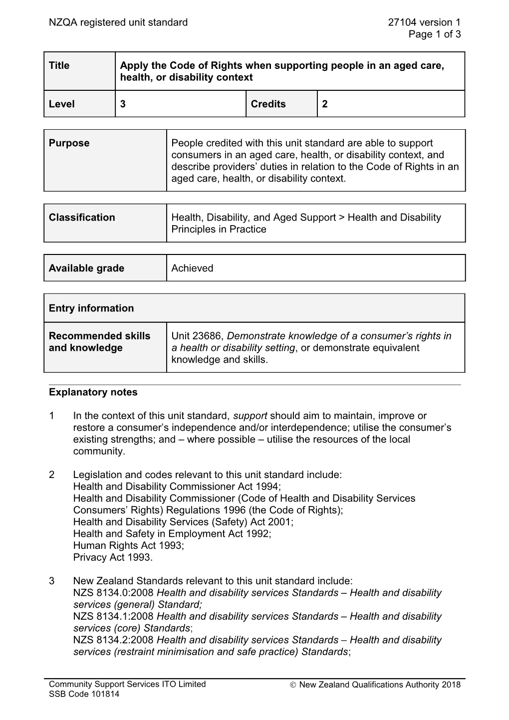 27104 Apply the Code of Rights When Supporting People in an Aged Care, Health, Or Disability