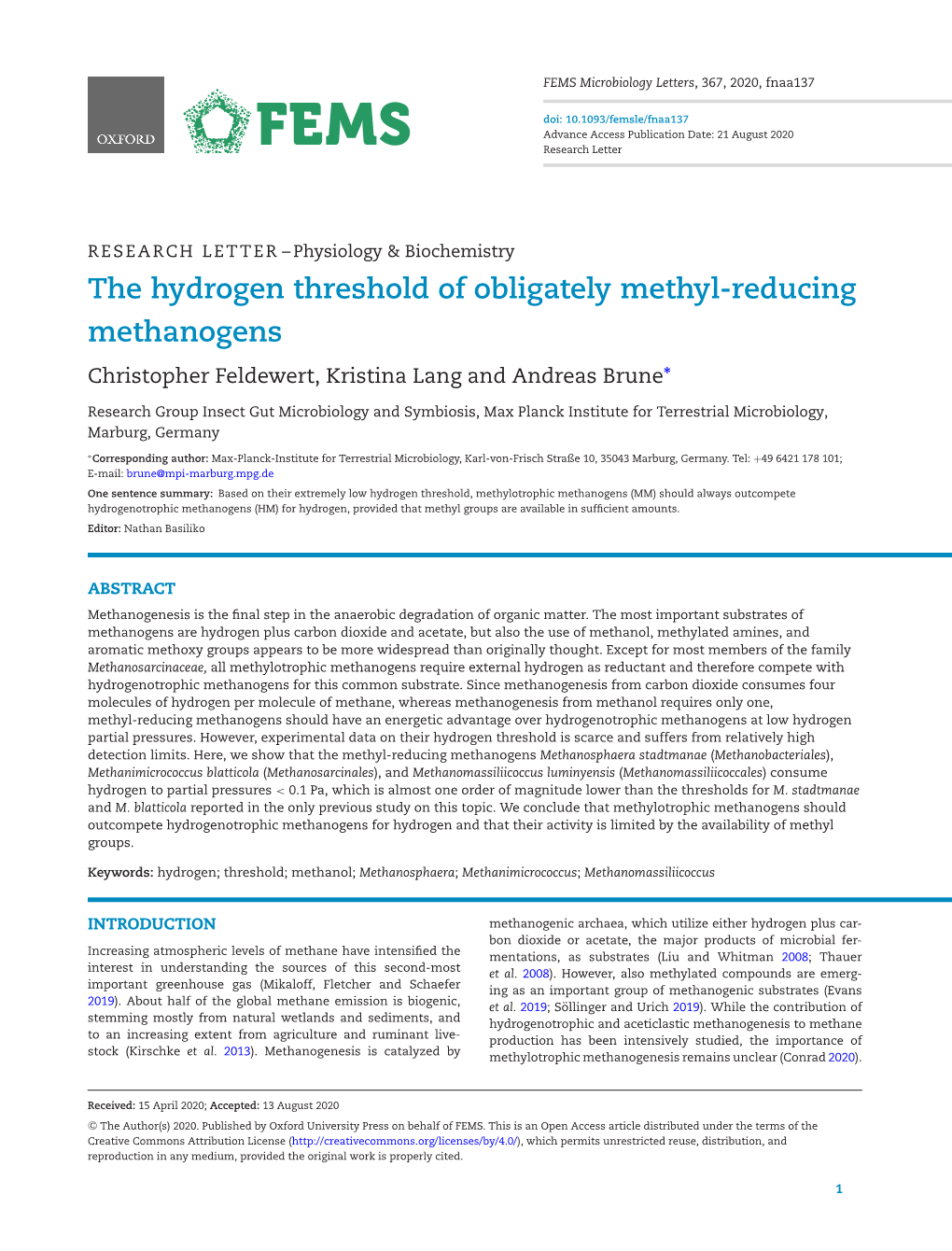 The Hydrogen Threshold of Obligately Methyl-Reducing Methanogens Christopher Feldewert, Kristina Lang and Andreas Brune*