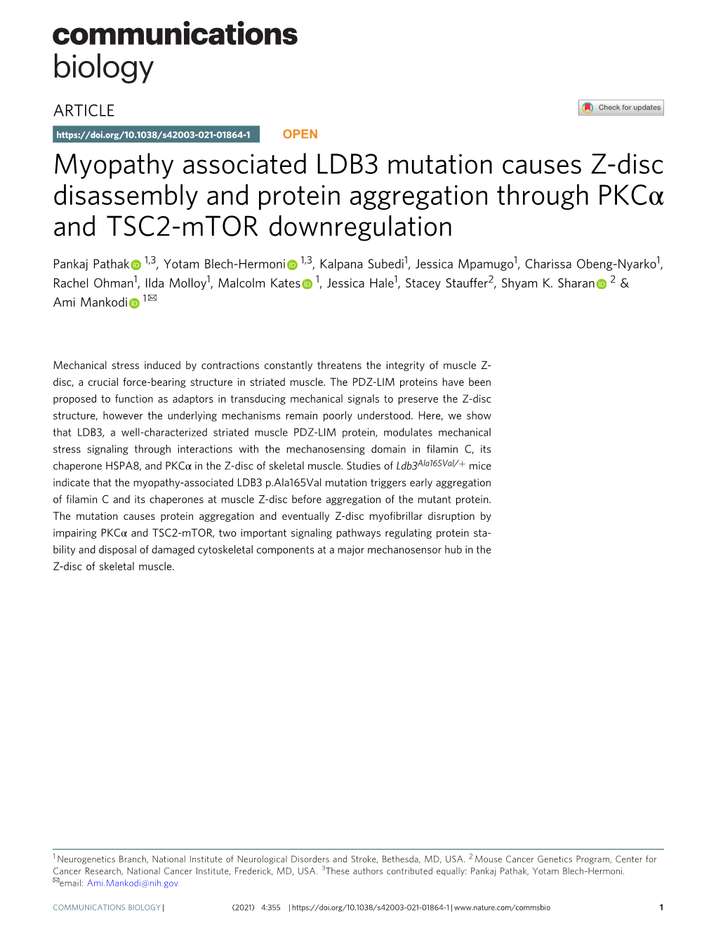 Myopathy Associated LDB3 Mutation Causes Z-Disc Disassembly and Protein Aggregation Through Pkcα and TSC2-Mtor Downregulation