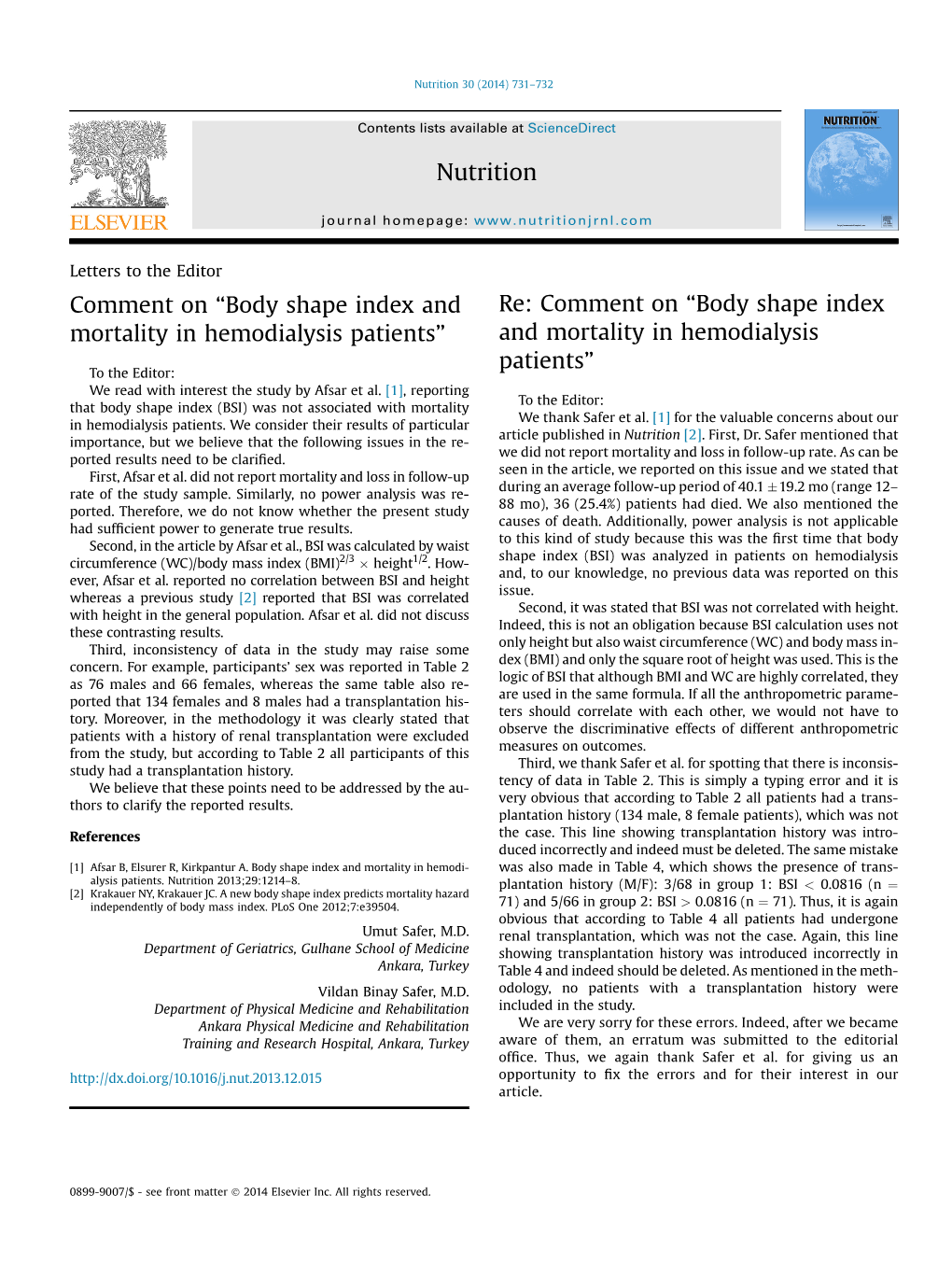 Body Shape Index and Mortality in Hemodialysis Patients