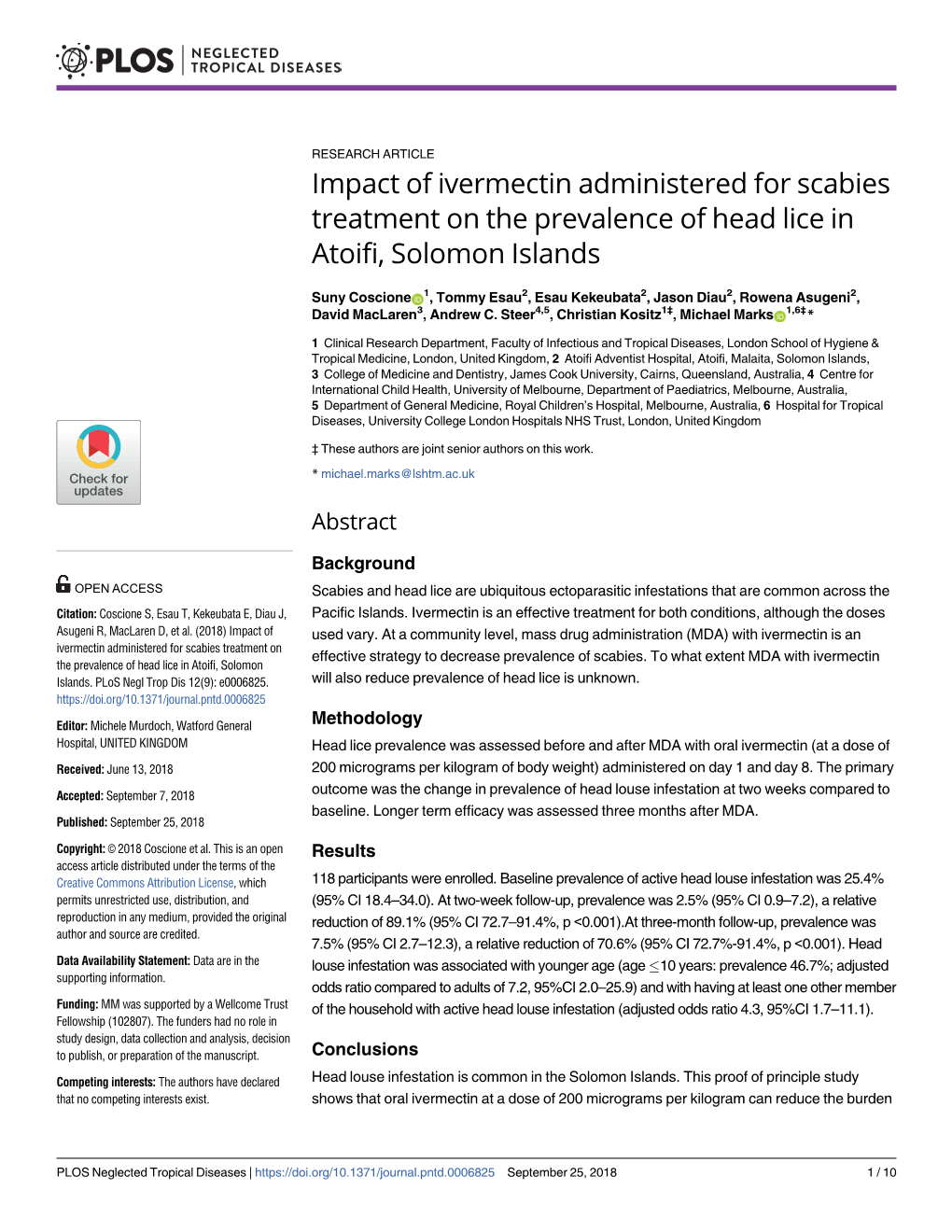 Impact of Ivermectin Administered for Scabies Treatment on the Prevalence of Head Lice in Atoifi, Solomon Islands