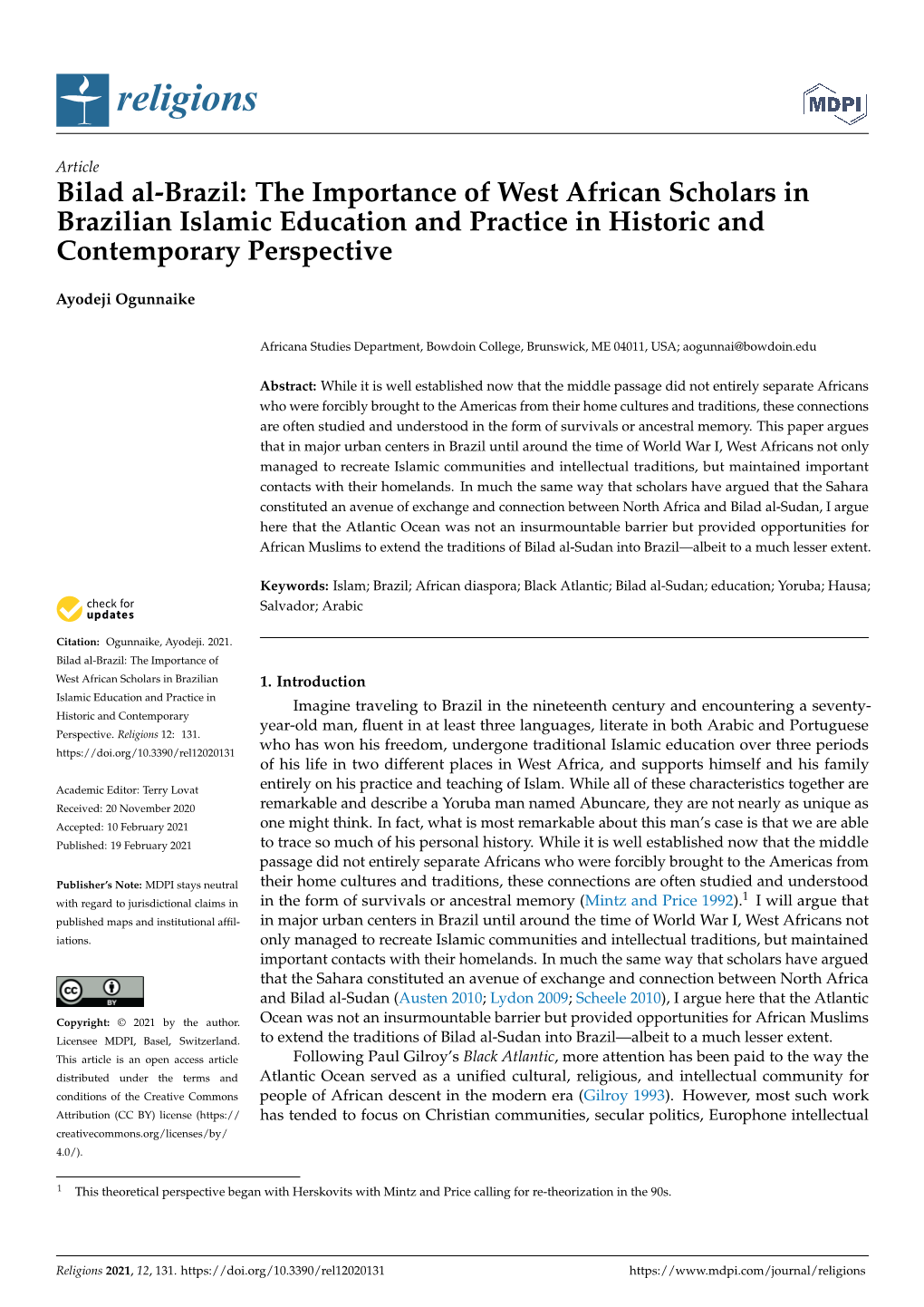 The Importance of West African Scholars in Brazilian Islamic Education and Practice in Historic and Contemporary Perspective