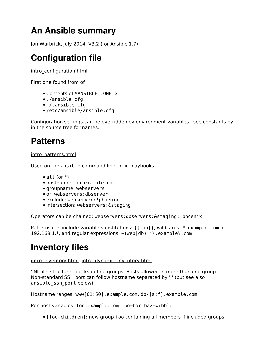 An Ansible Summary Configuration File Patterns Inventory Files